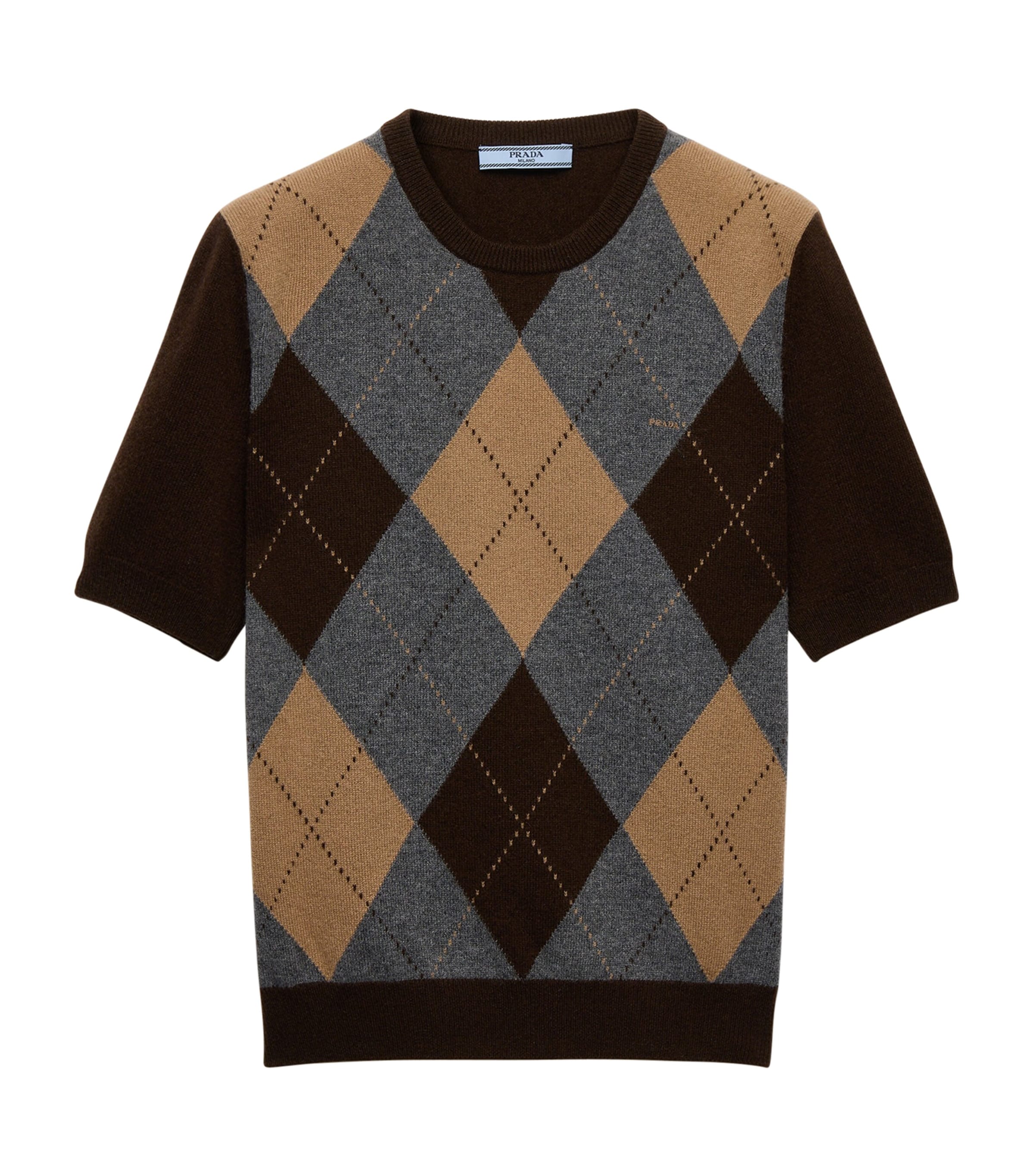 Prada Womens Cashmere Argyle Short-Sleeve Sweater Brown