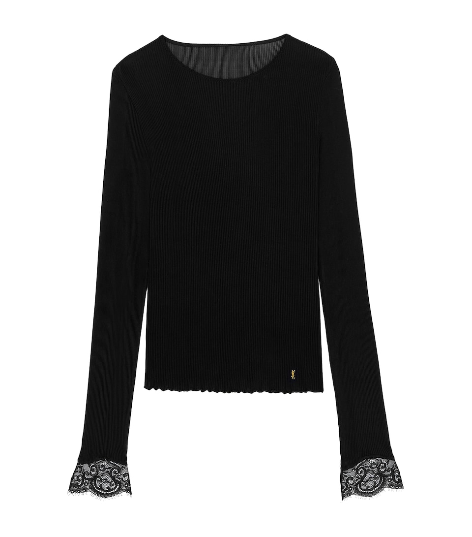 Saint Laurent Womens Silk Lace-Trim Cassandre T-Shirt