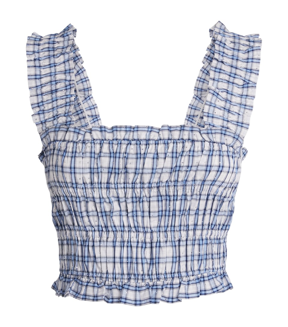 Maje Womens Cotton Embellished Smocked Top Blue Check Print