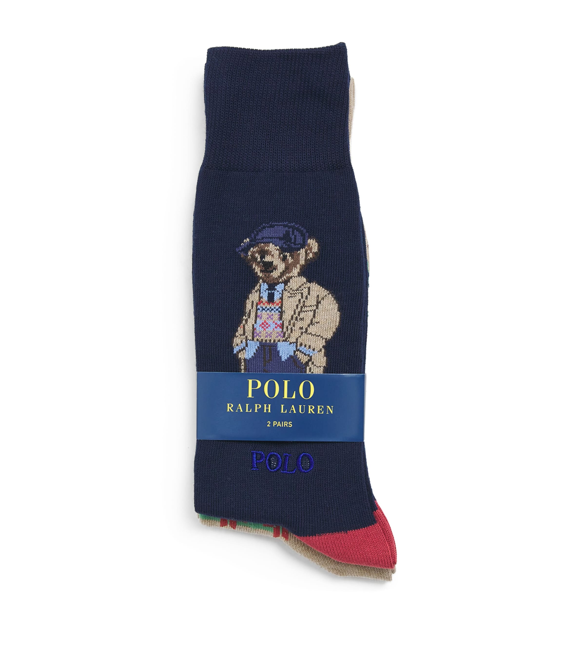 Polo Ralph Lauren Mens Cotton-Blend Polo Bear Socks (2 Pairs) Navy Camel