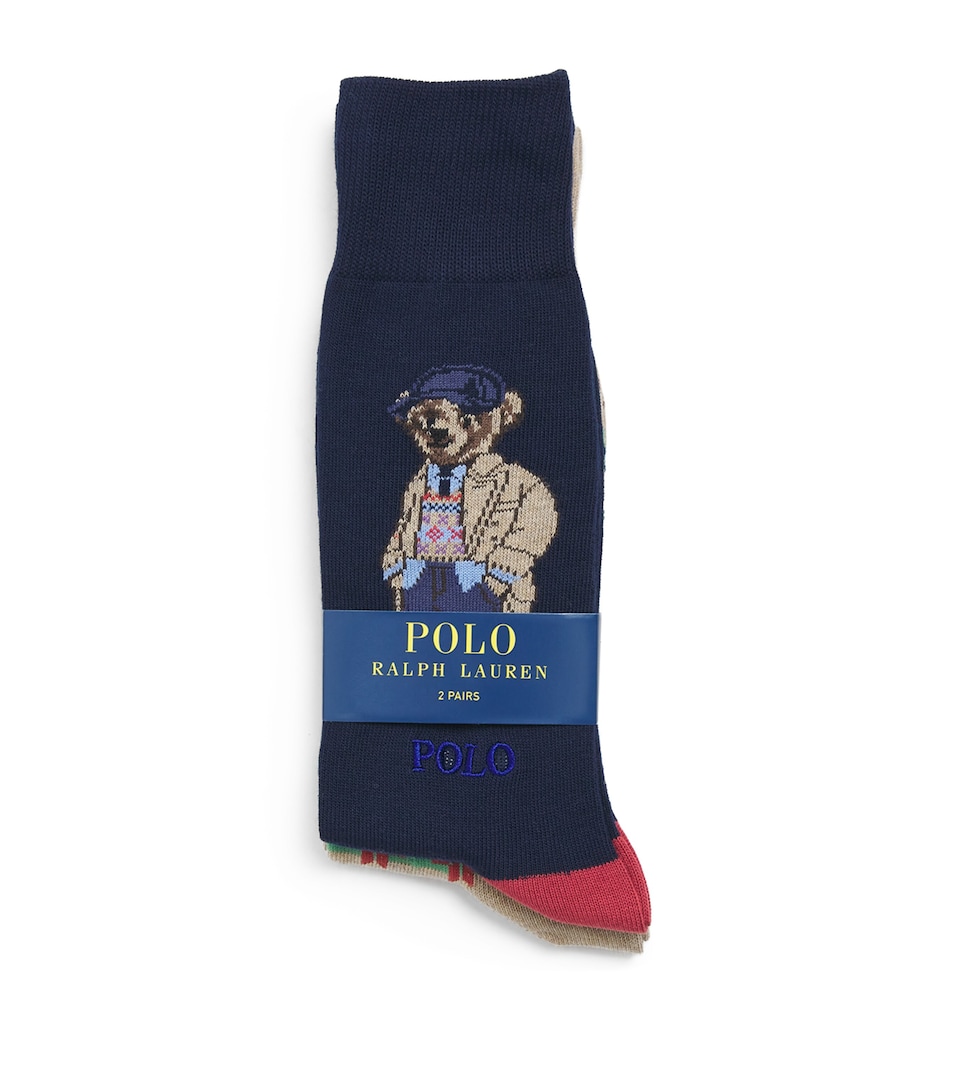 Polo Ralph Lauren Mens Cotton-Blend Polo Bear Socks (2 Pairs) Navy Camel