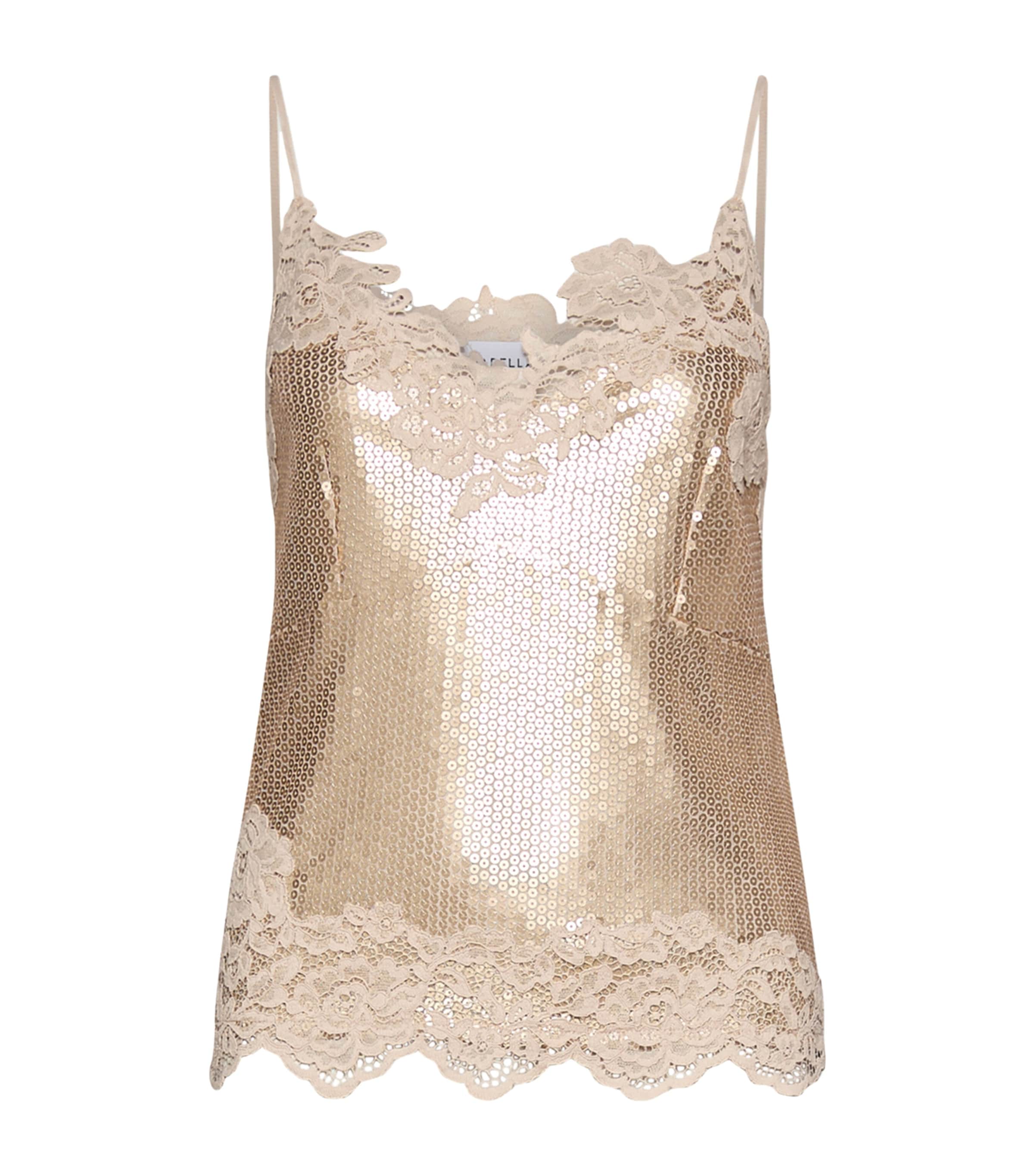Marella Womens Sequin Lace-Trim Top Platinum