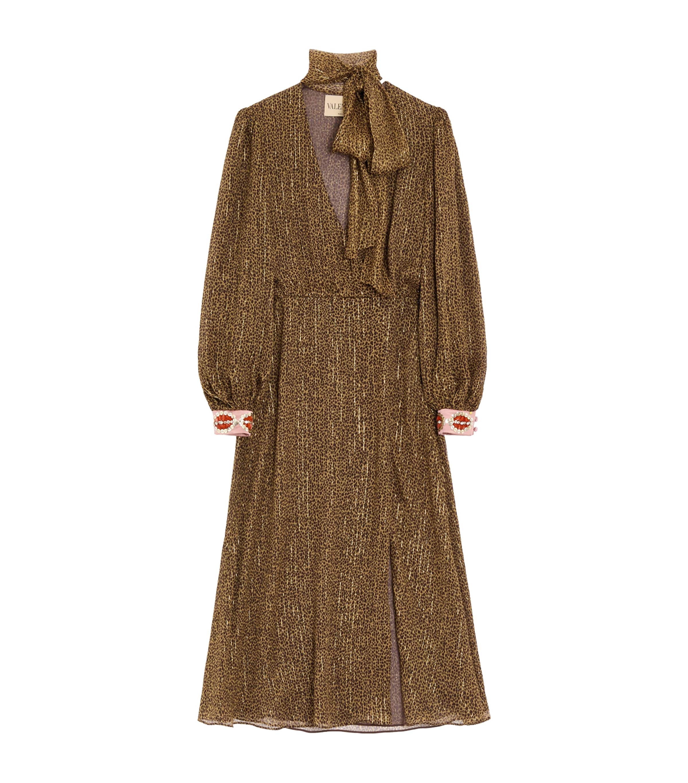 Valentino Womens Silk-Blend Embellished-Cuff Midi Dress