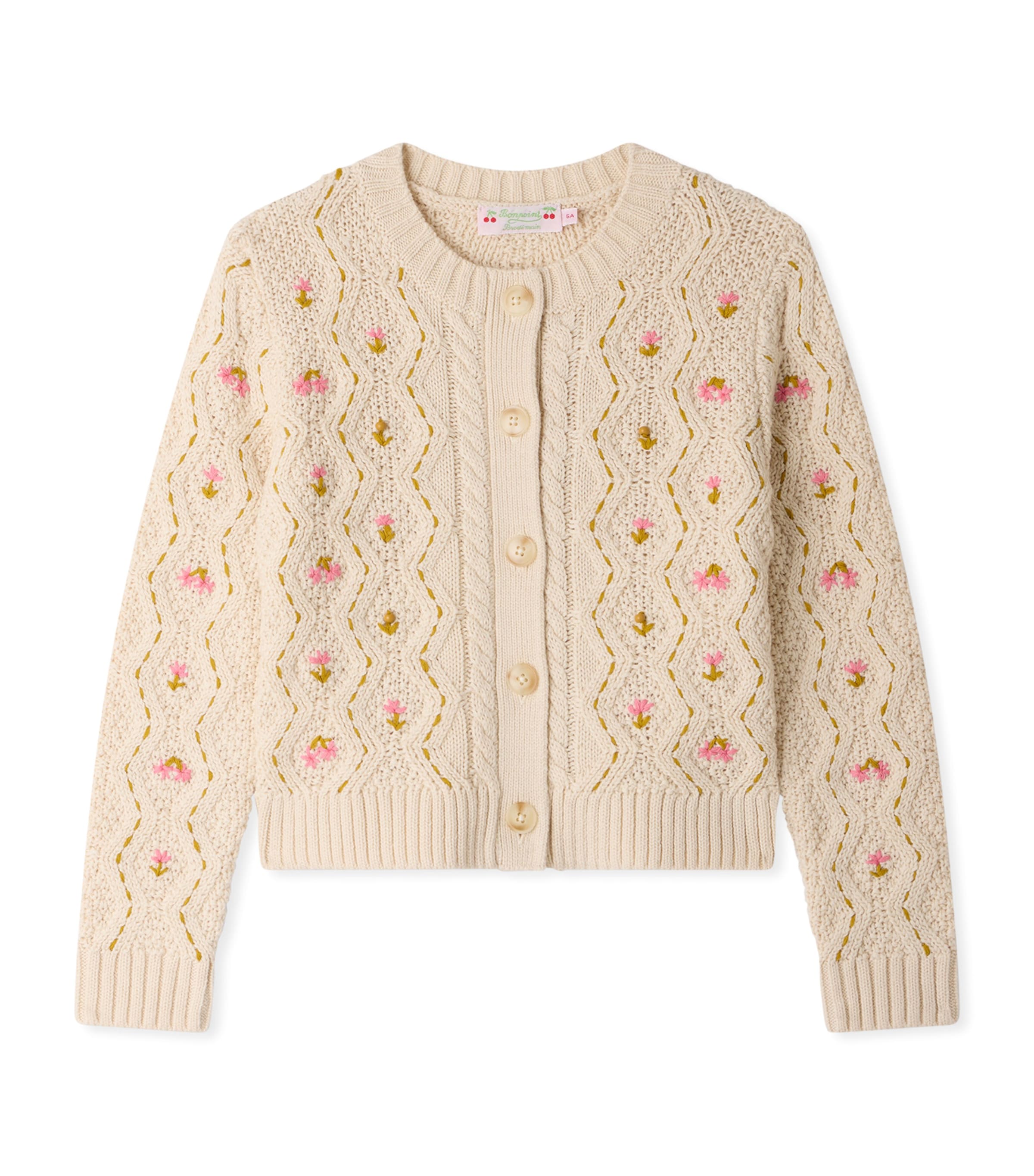 Bonpoint Wool-Cashmere Embroidered Cardigan (4-8 Years) Ficelle