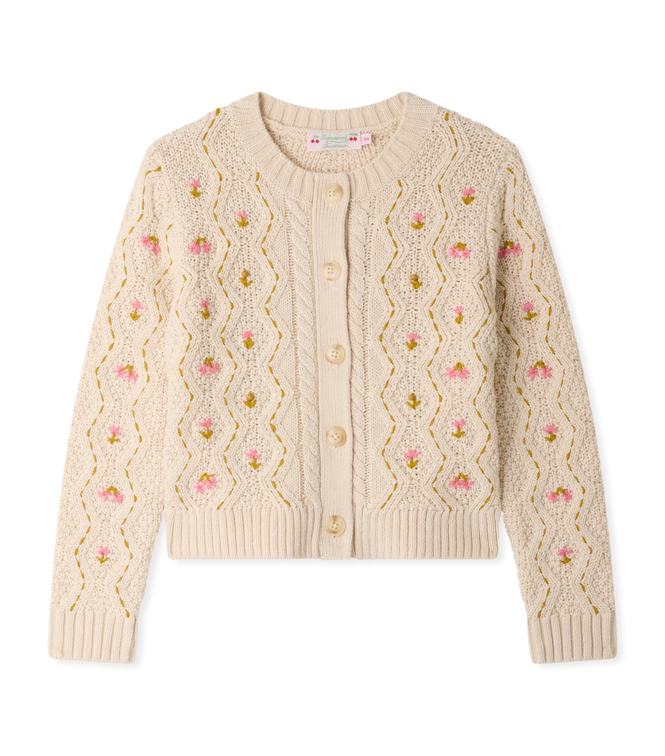 Bonpoint Wool-Cashmere Embroidered Cardigan (4-8 Years) Ficelle