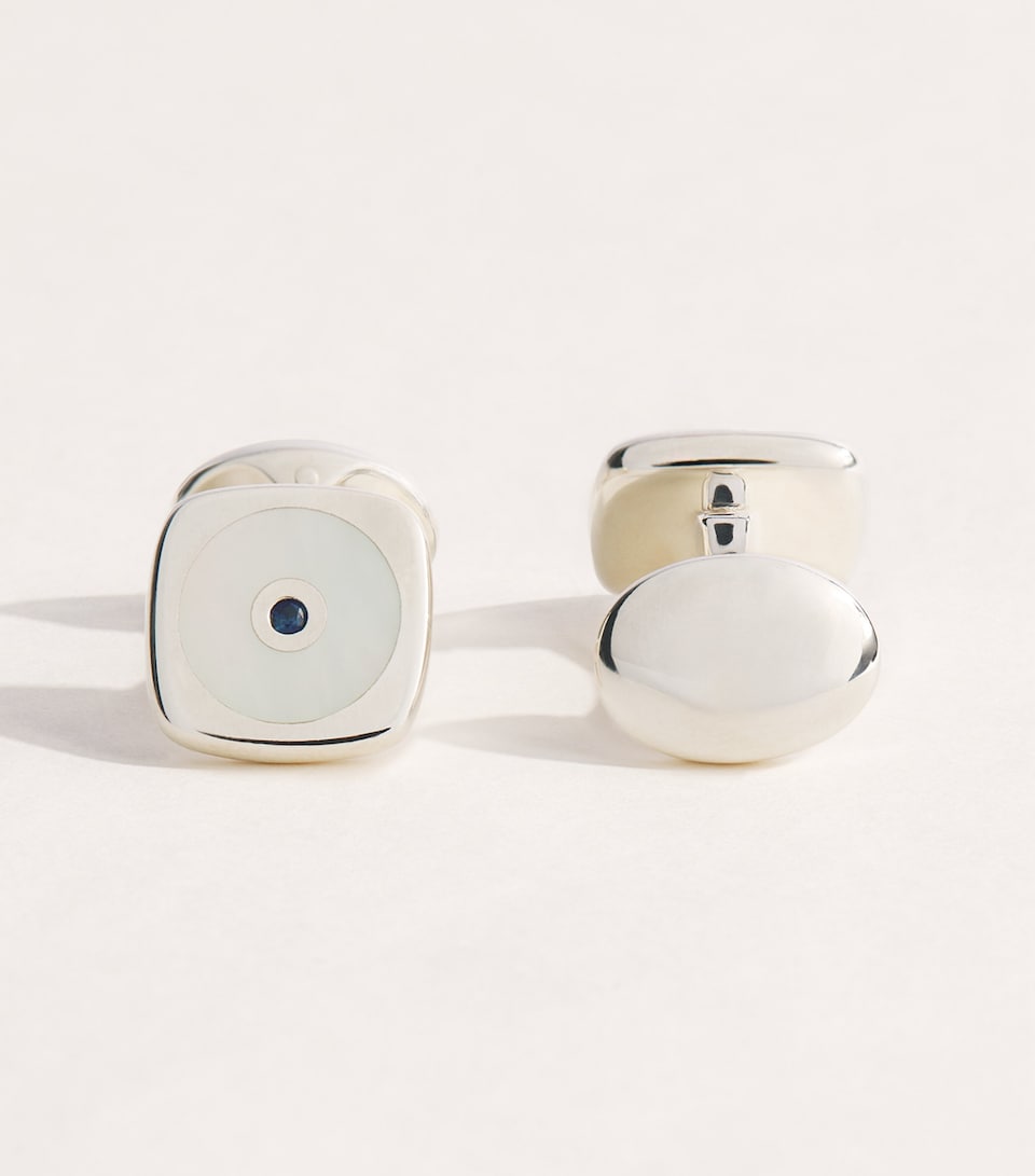 Deakin & Francis Sterling Silver, Mother of Pearl and Sapphire Cushion Cufflinks Silver