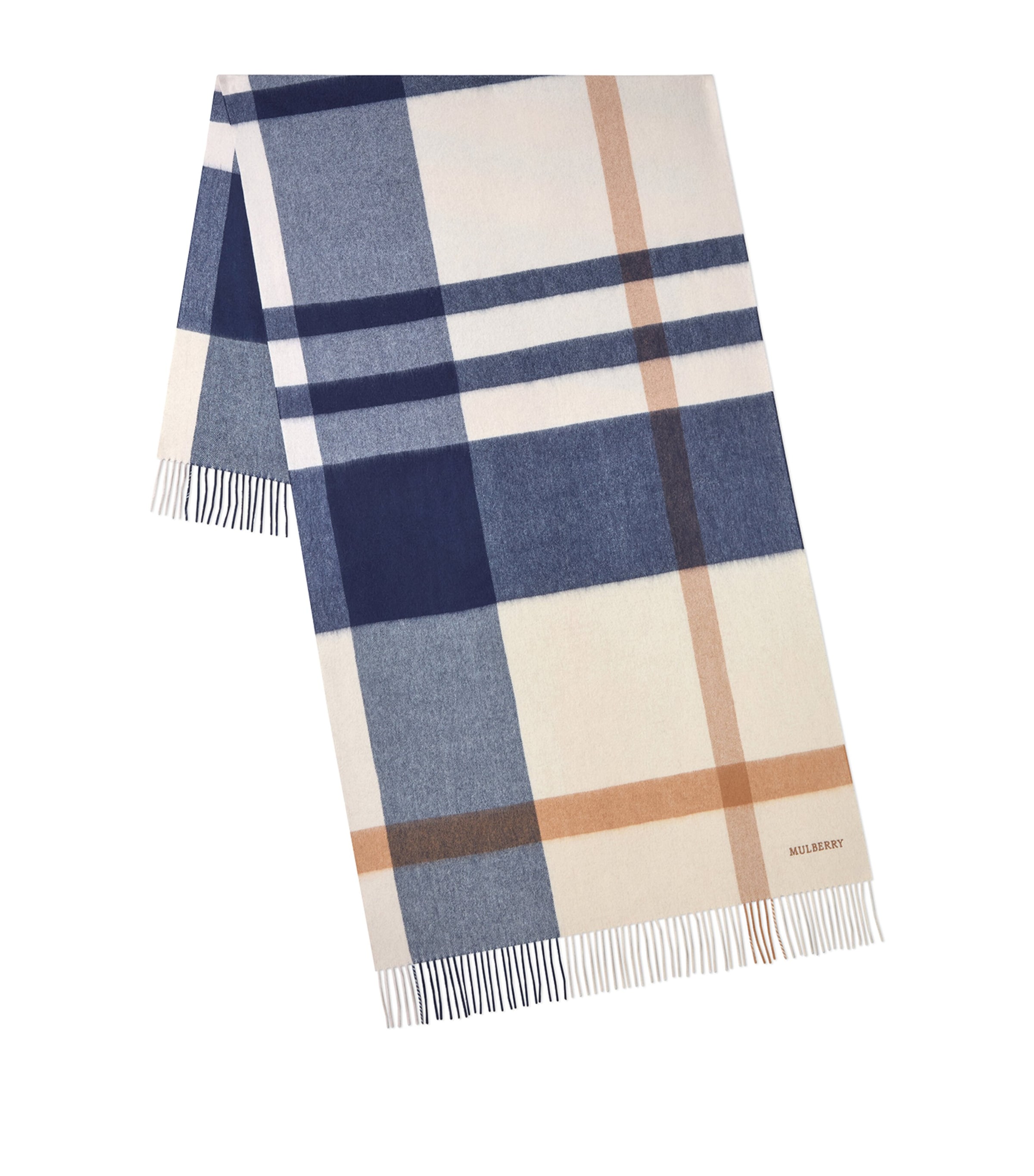 Mulberry Large Merino Wool Check Scarf Pink Peony Night Sky