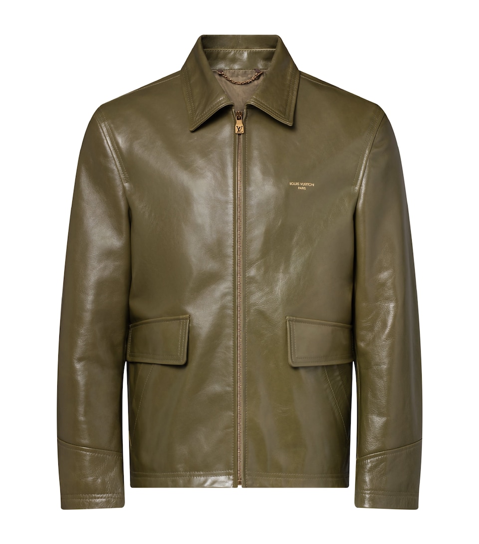 LOUIS VUITTON Mens Logo Boxy Leather Jacket Deep Lichen Green