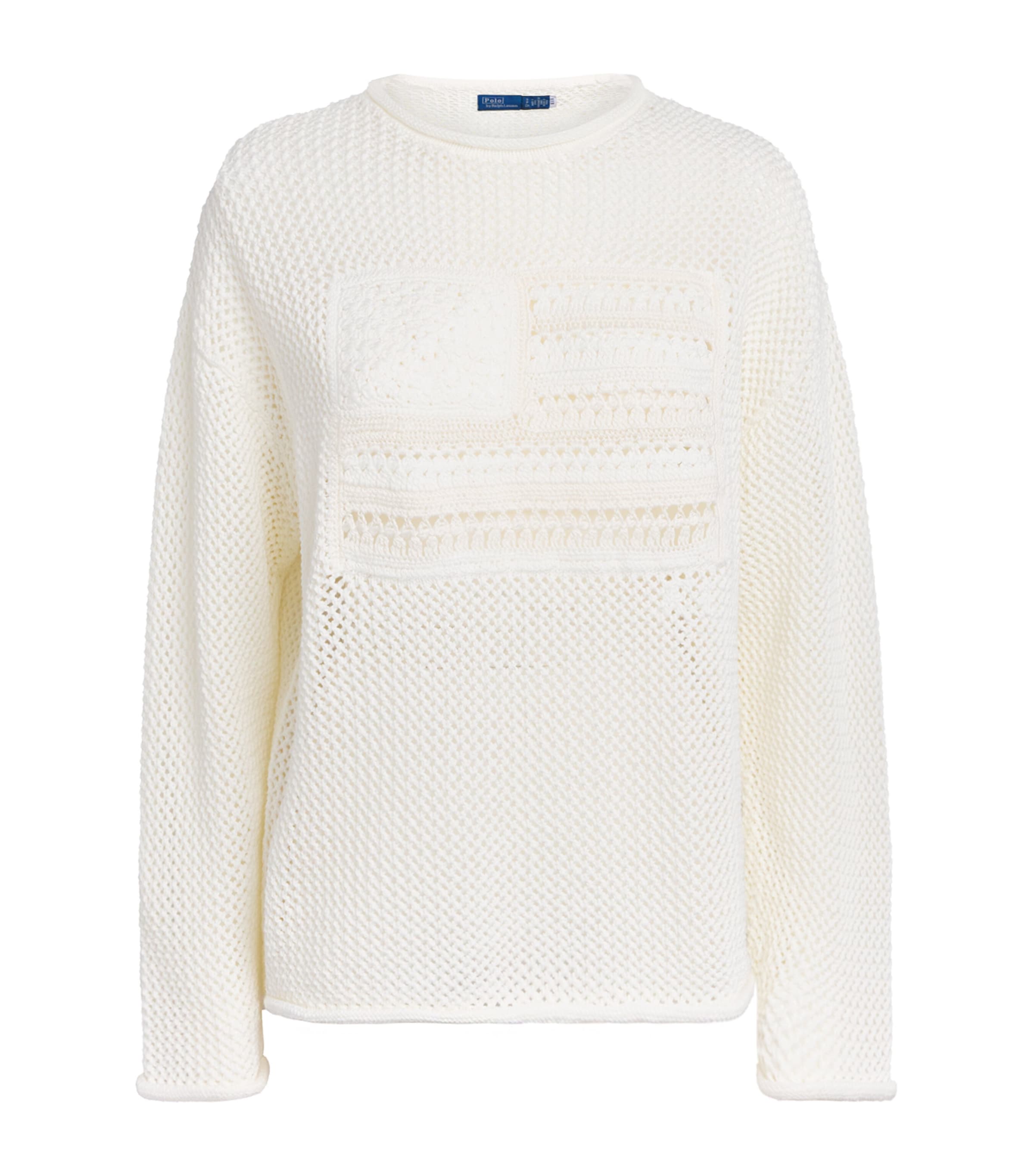 Polo Ralph Lauren Womens Cotton Open-Work American Flag Sweater White Multi