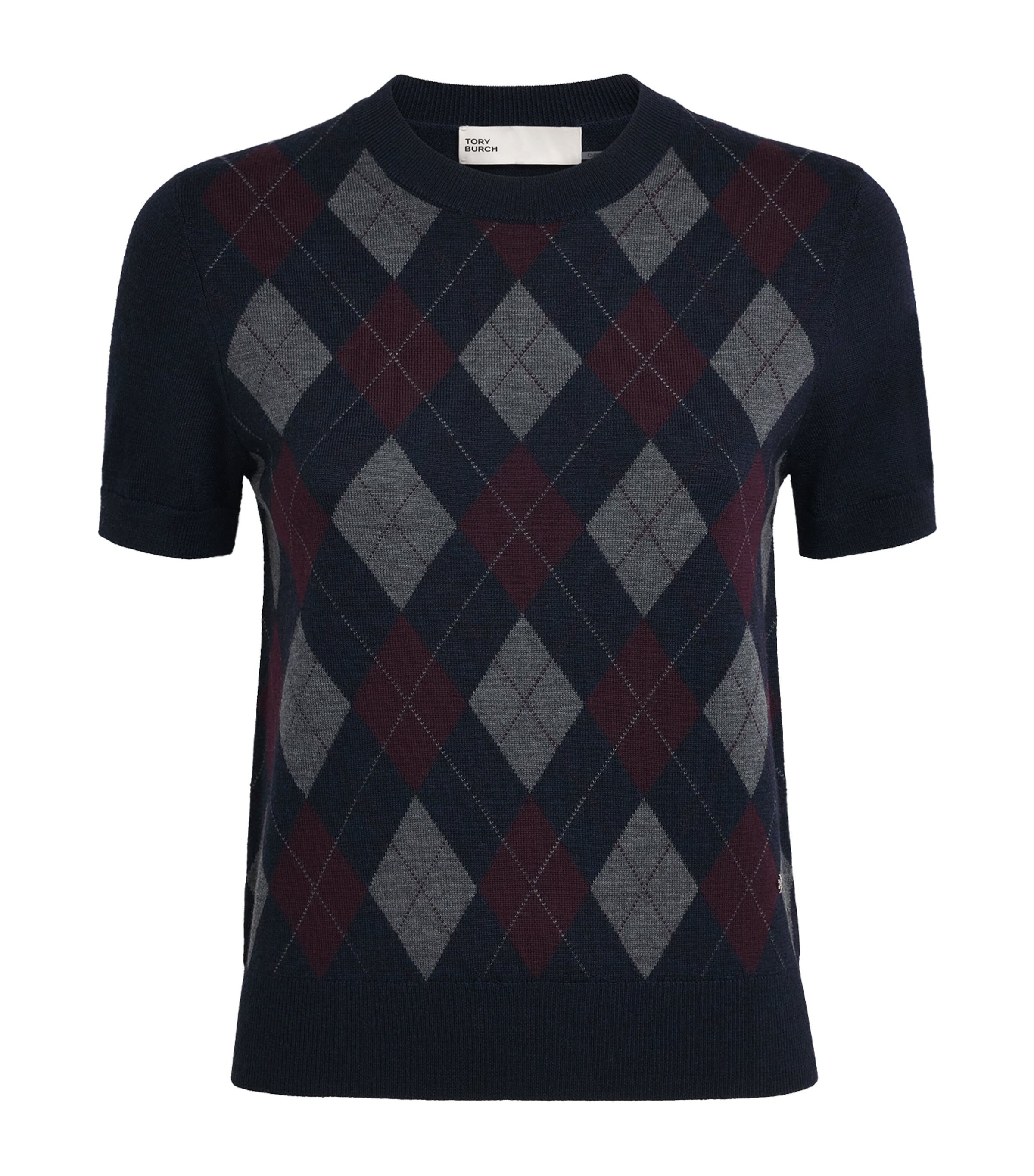 Tory Burch Womens Wool Argyle Short-Sleeve Sweater Navy Argyle