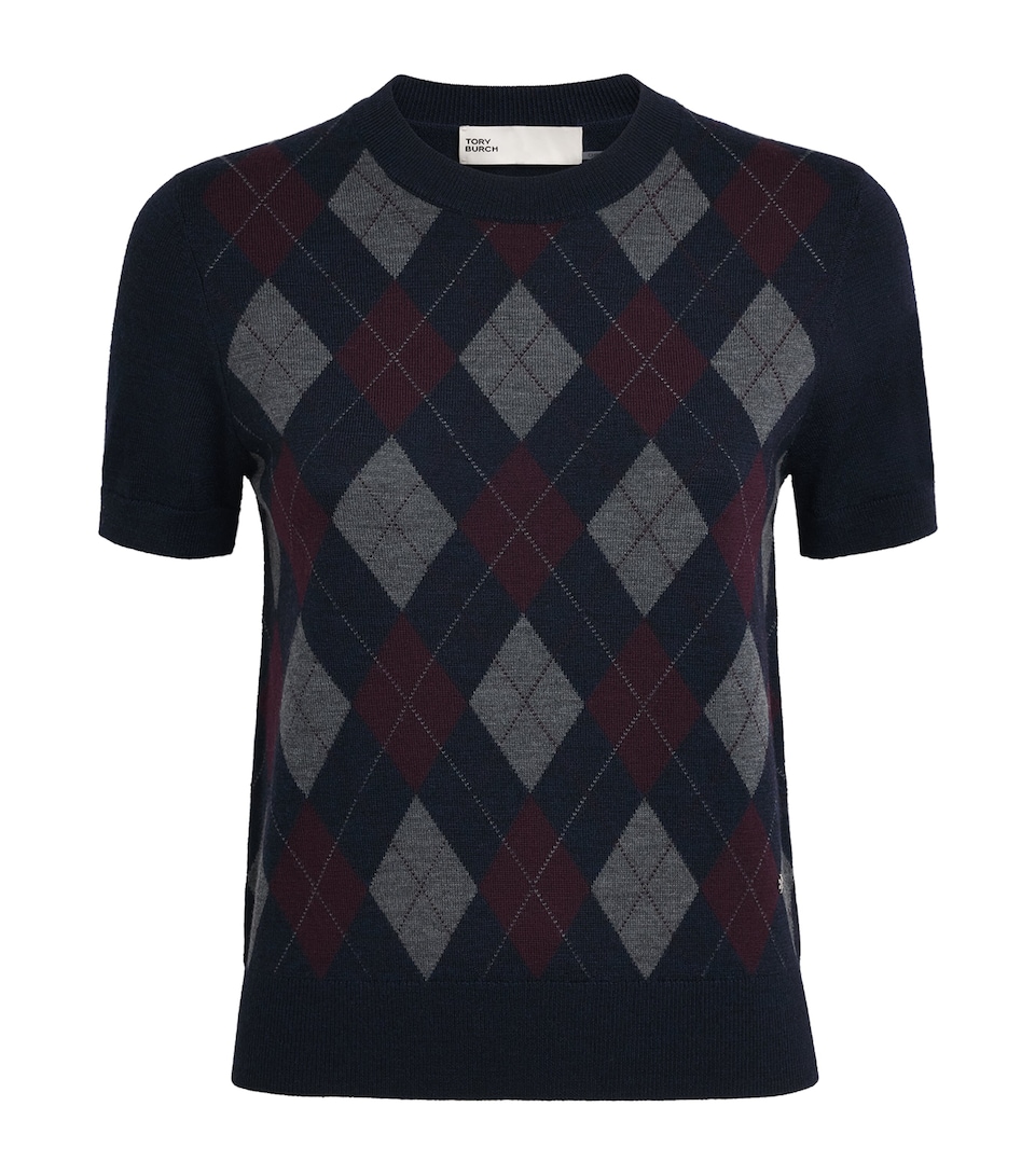 Tory Burch Womens Wool Argyle Short-Sleeve Sweater Navy Argyle