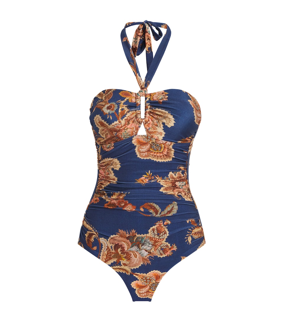 Zimmermann Womens Floral Aster Halterneck Swimsuit Navy Jacobean