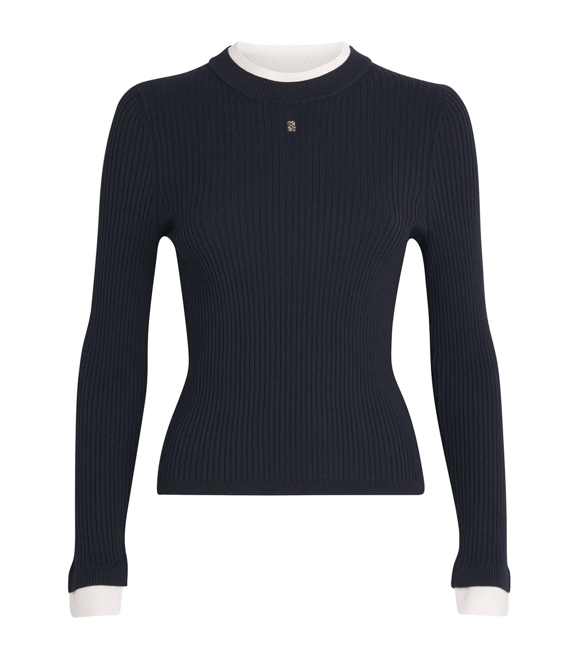 Sandro Paris Womens Ribbed Contrast-Trim Logo Sweater Navy Blue