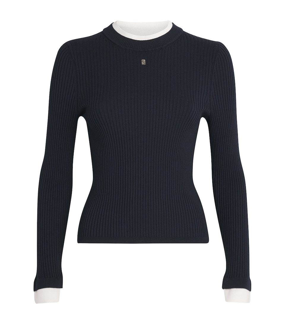 Sandro Paris Womens Ribbed Contrast-Trim Logo Sweater Navy Blue