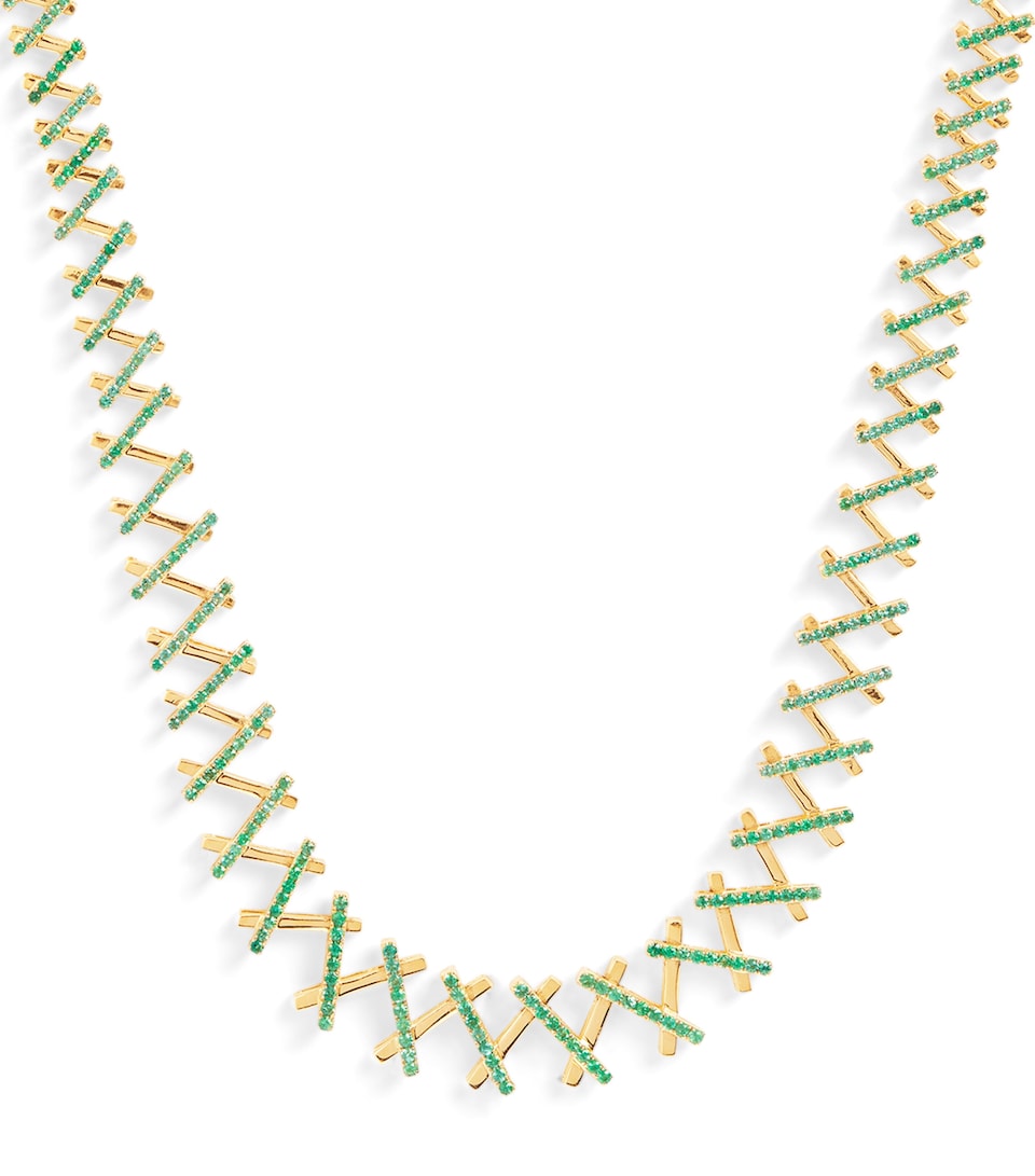 Yellow Gold and Pavé Emerald Deco Wishbone Necklace