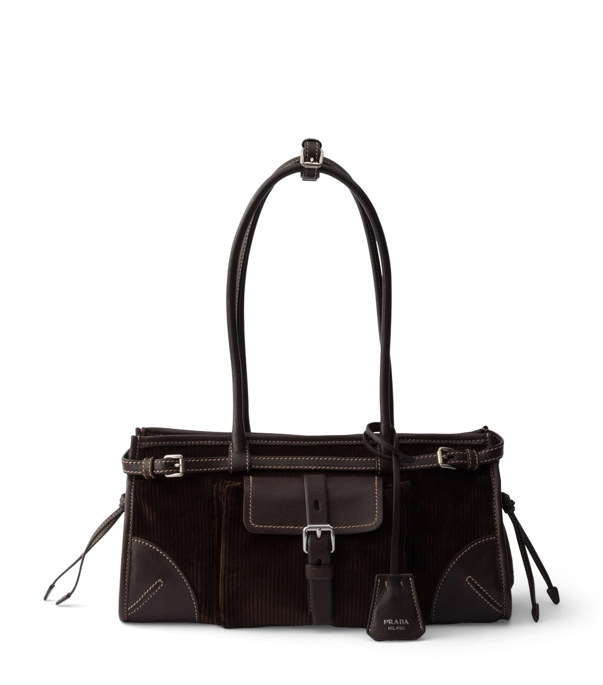 Prada Medium Bonnie Corduroy and Leather Top-Handle Bag Brown