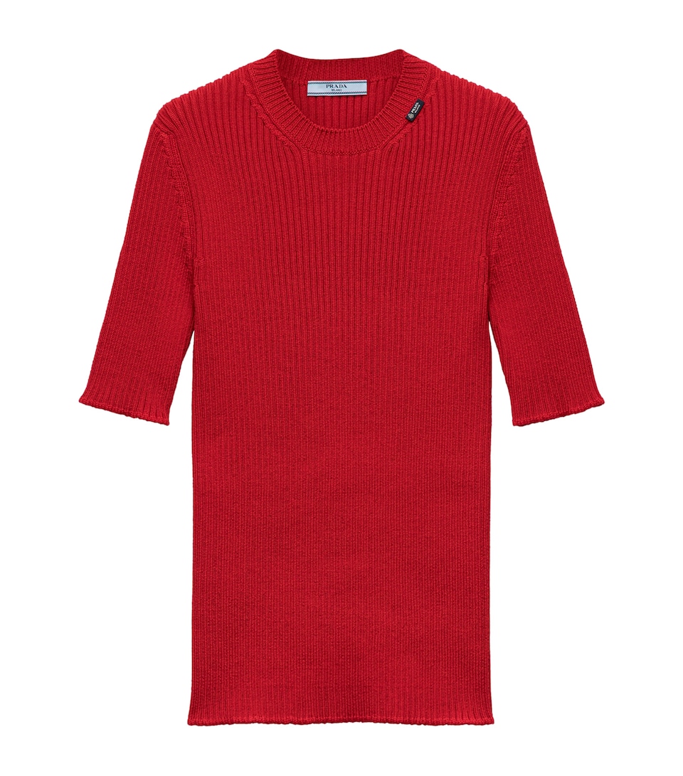 Prada Womens Wool Ribbed Short-Sleeve Sweater Red