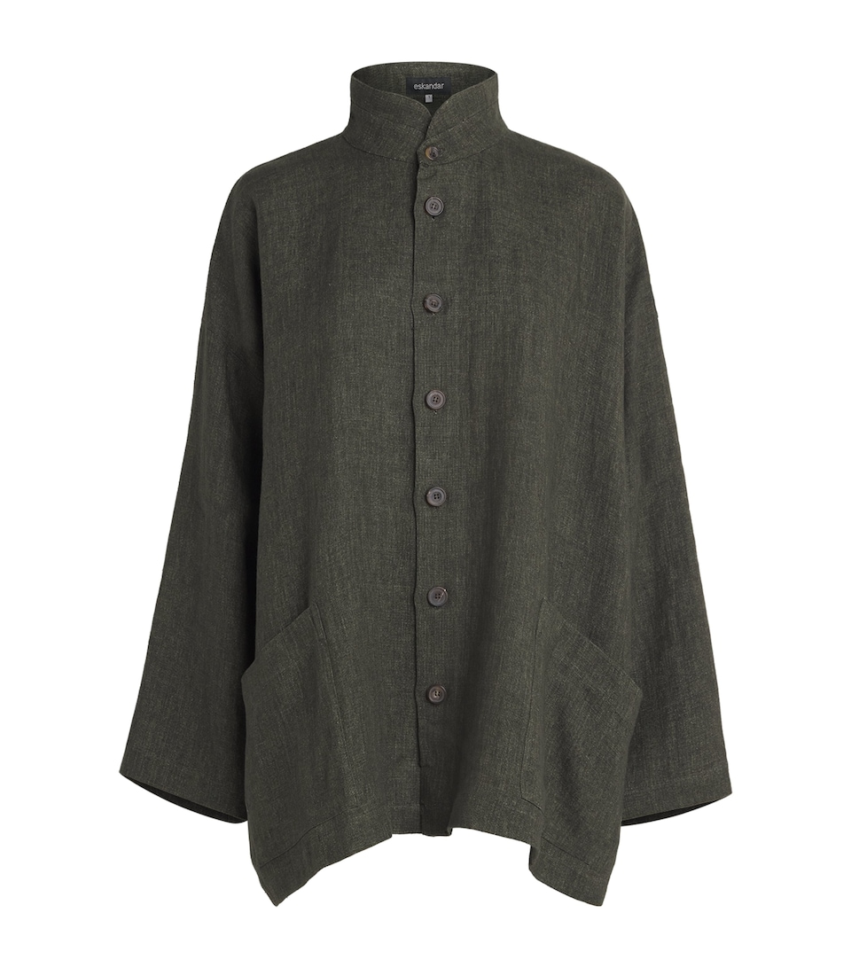 Eskandar Womens Linen Double Stand-Collar Longline Jacket Olivedark