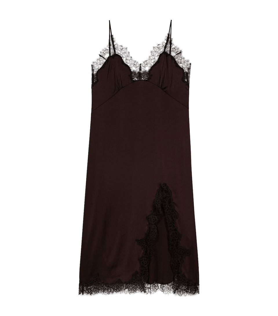 Maje Womens Lace-Trim Midi Dress Dark Brown