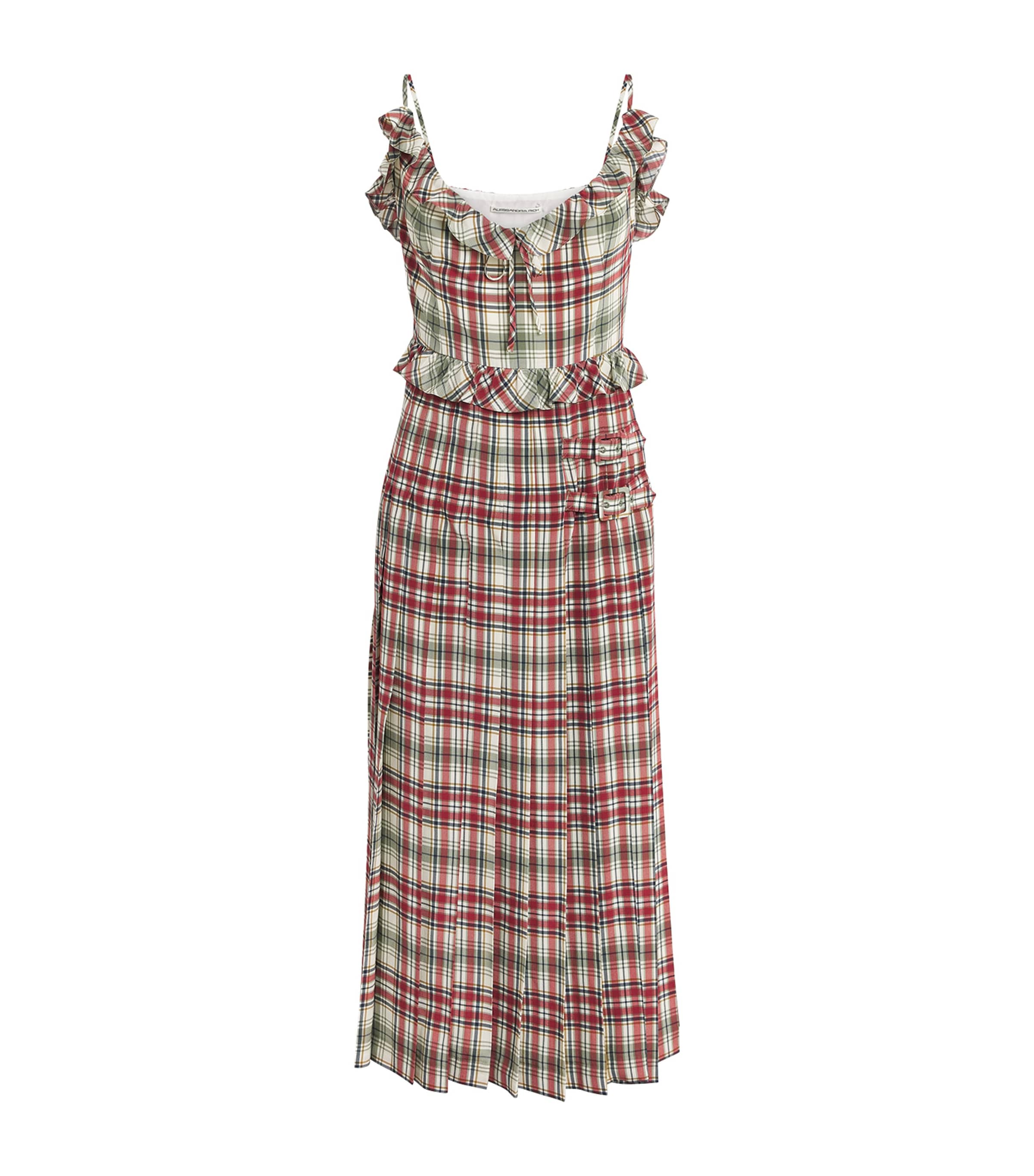 Alessandra Rich Womens Silk Check Ruffled Midi Dress Green Red