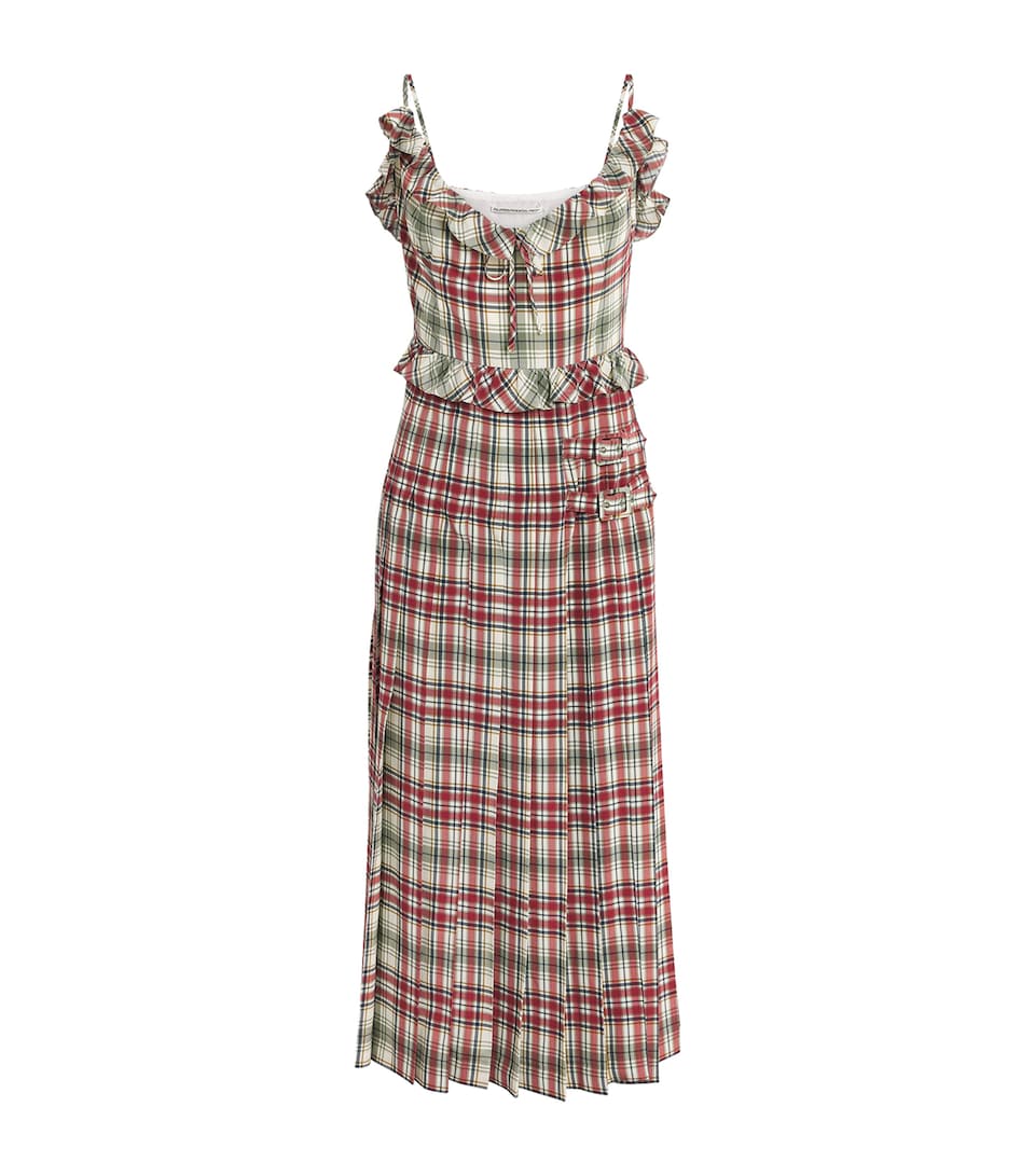 Alessandra Rich Womens Silk Check Ruffled Midi Dress Green Red