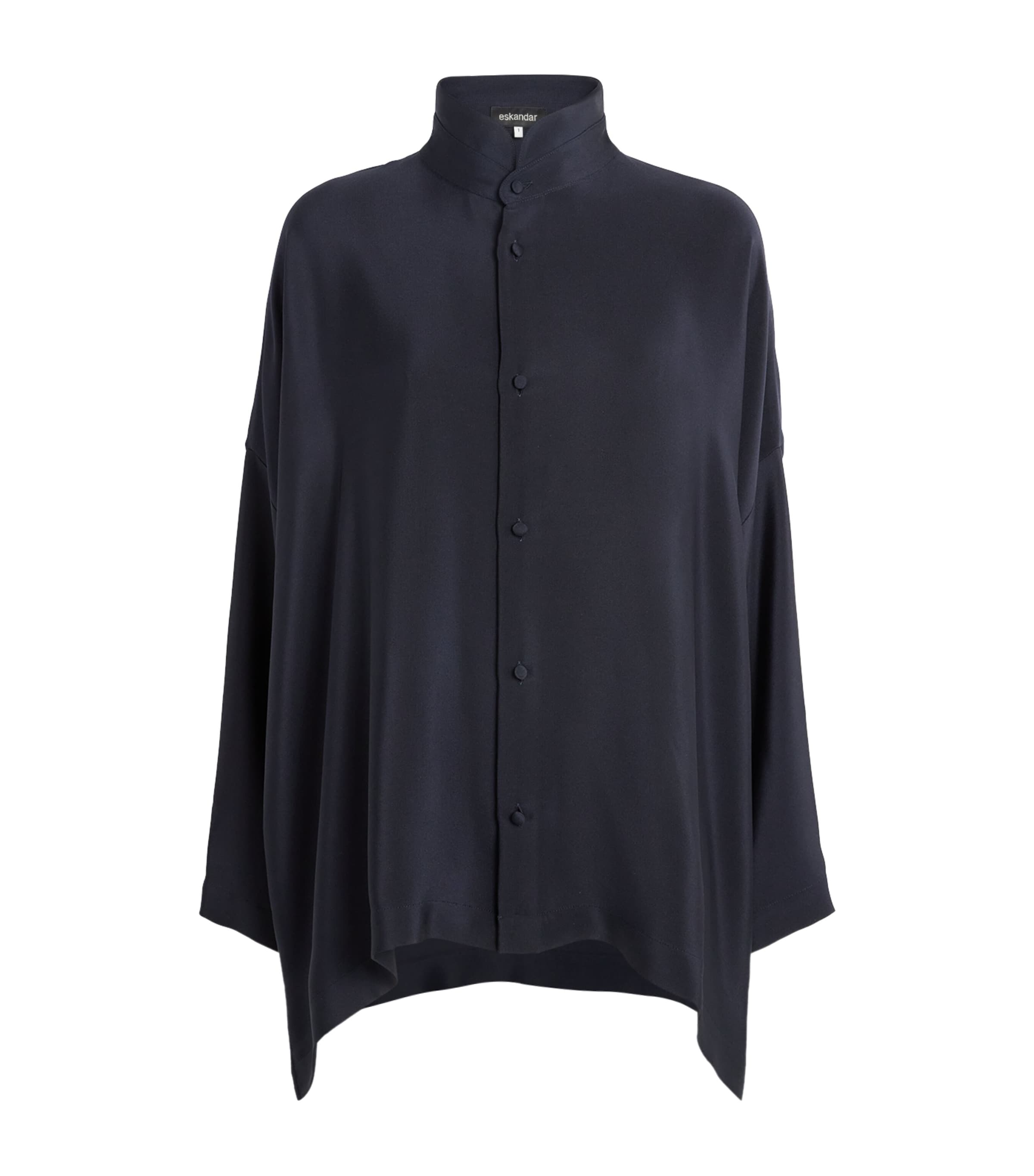 Eskandar Womens Silk Stand-Collar Shirt Midnight