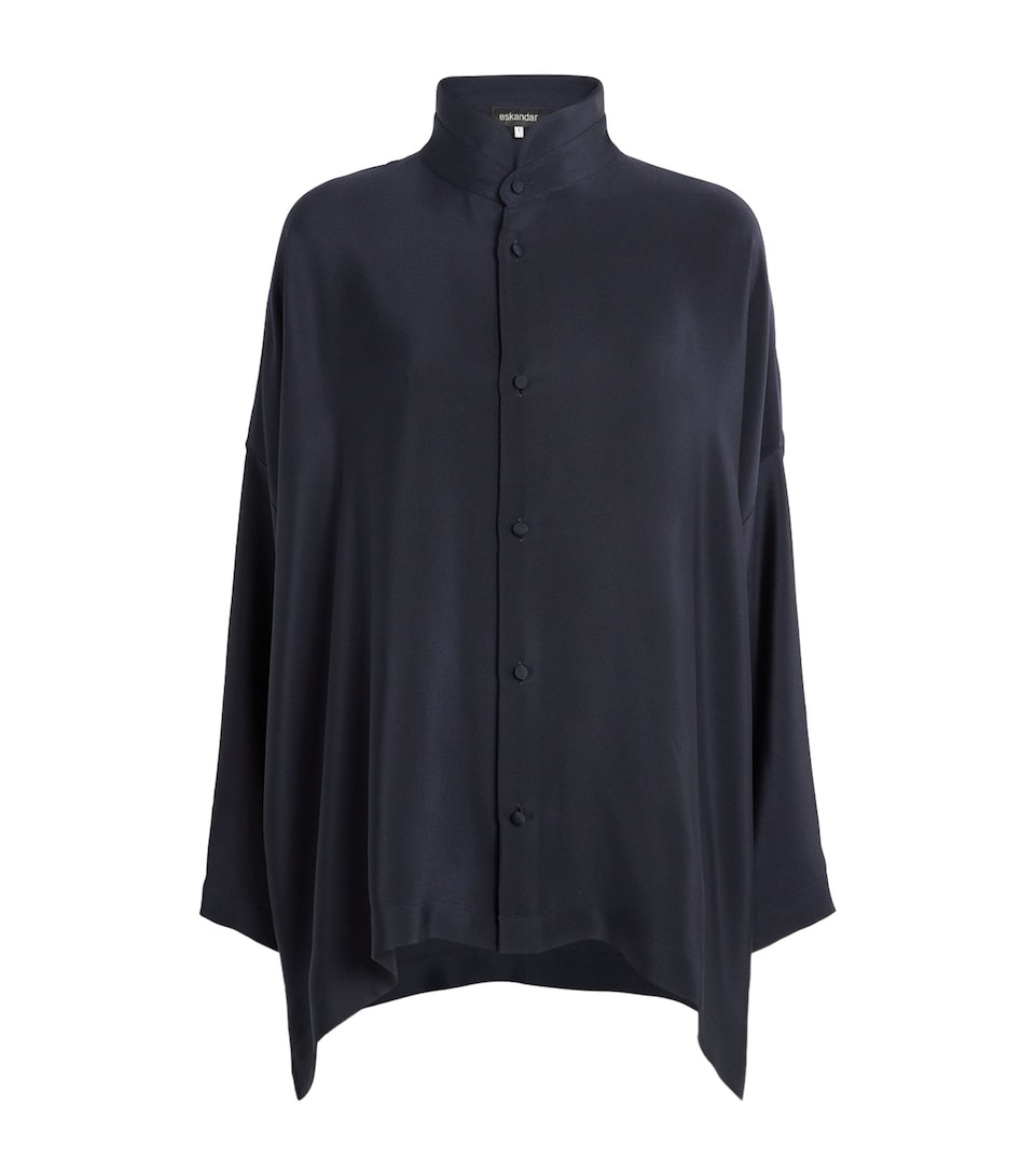 Eskandar Womens Silk Stand-Collar Shirt Midnight