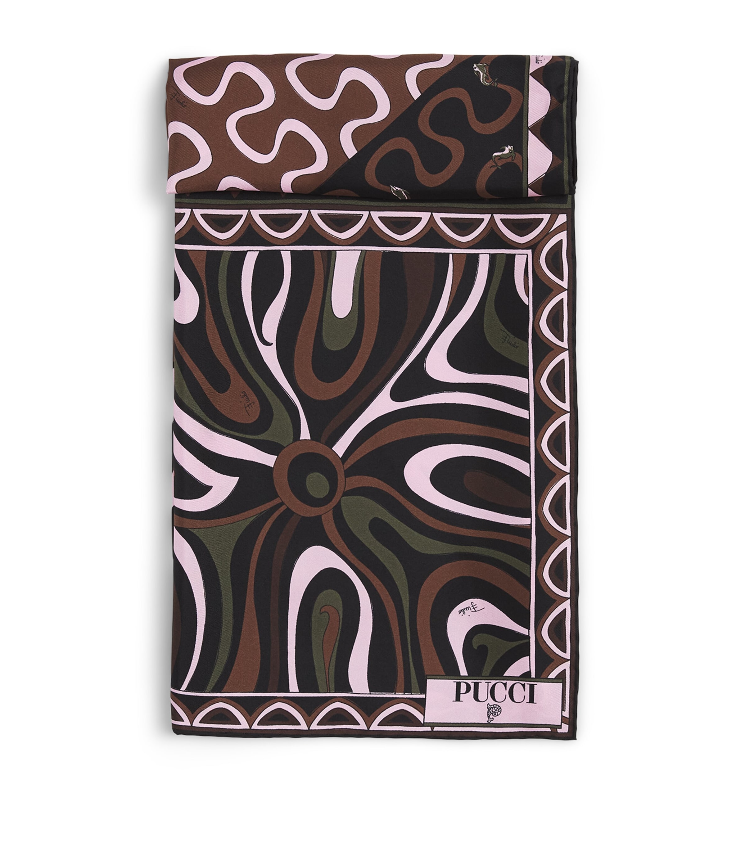 PUCCI Silk Mixed Print Silk Scarf Khaki Pink