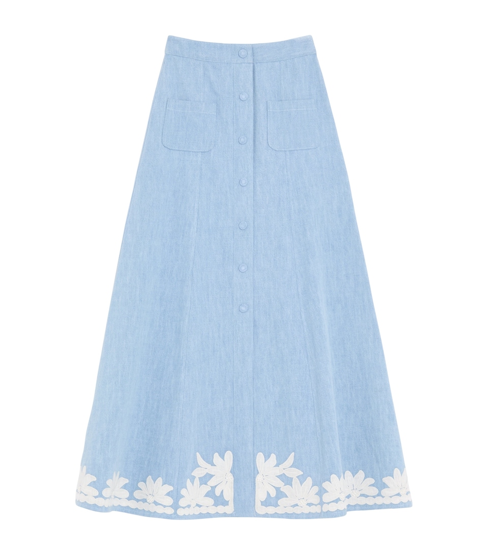 Valentino Womens Embroidered Denim Midi Skirt
