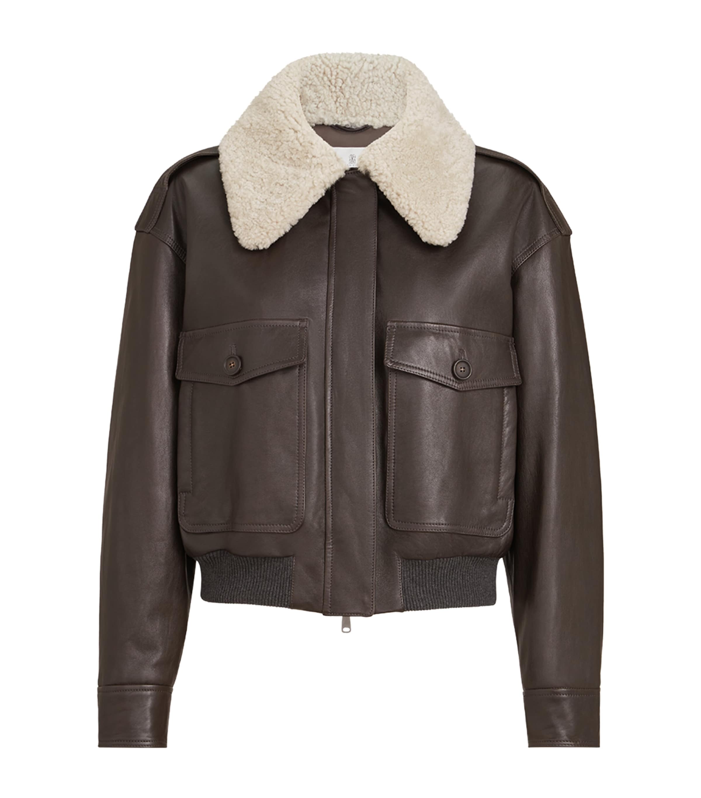 Brunello Cucinelli Womens Nappa Leather Shearling Collar Aviator Jacket Coffee