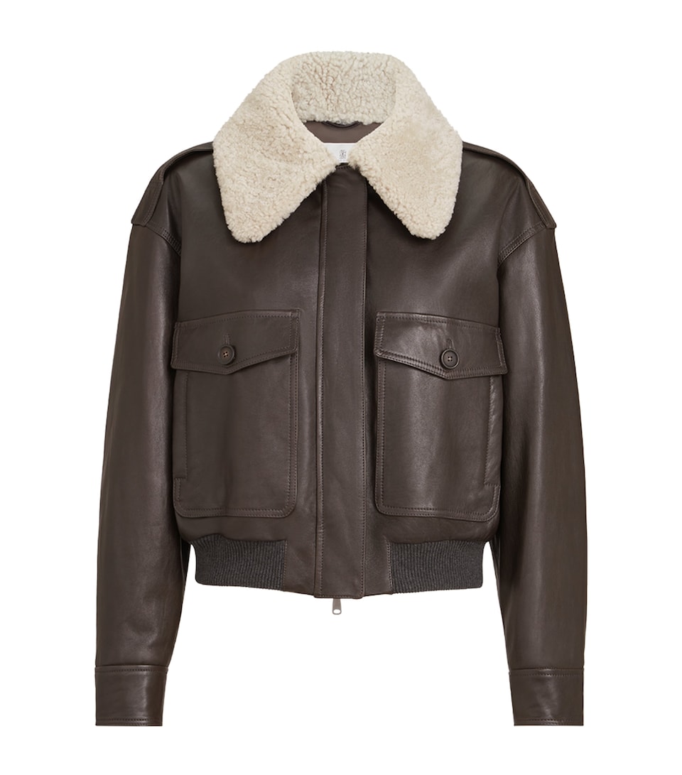 Brunello Cucinelli Womens Nappa Leather Shearling Collar Aviator Jacket Coffee