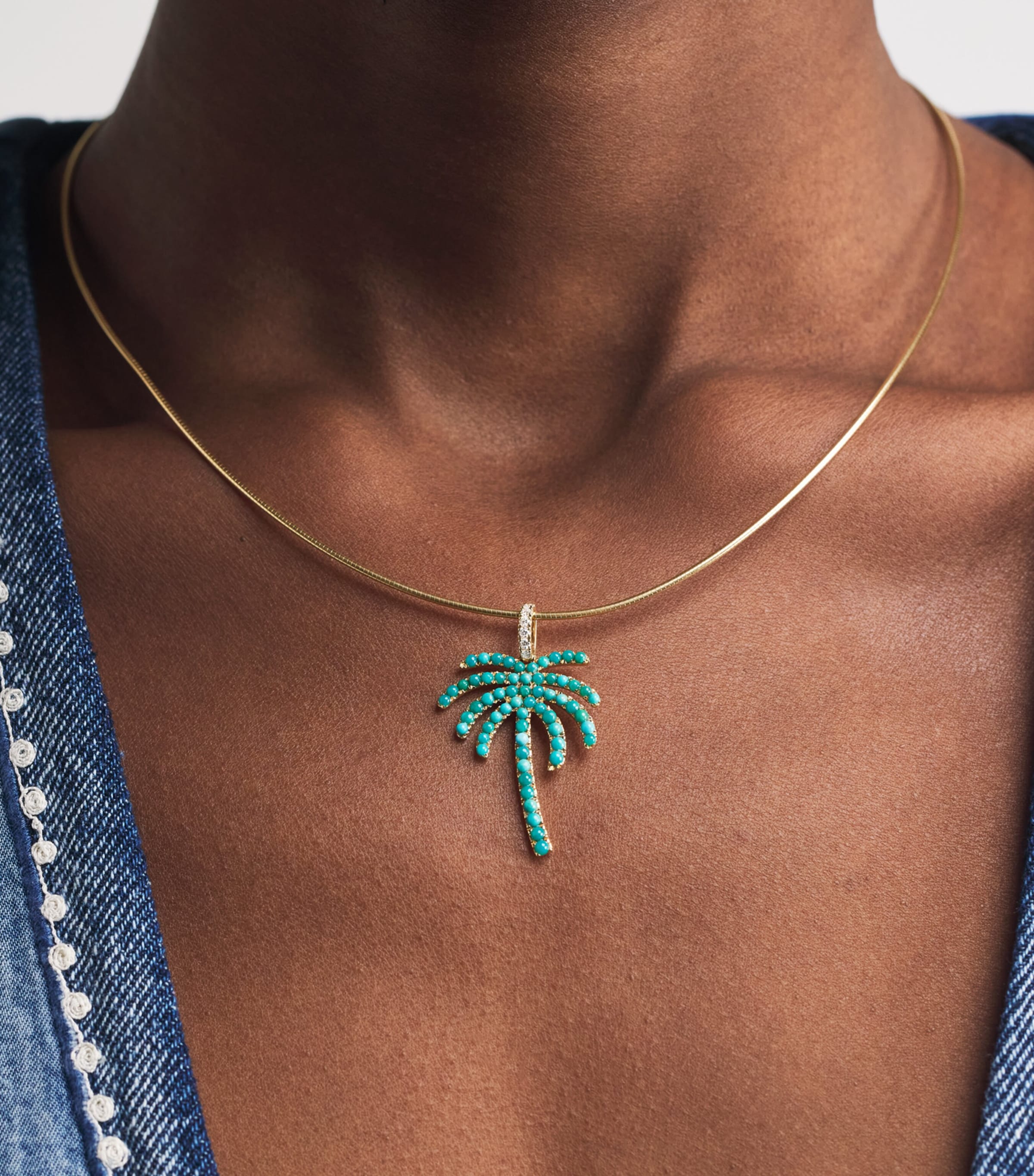 Rosa de la Cruz Yellow Gold, Diamond and Turquoise Palm Tree Pendant Necklace Yellow Gold