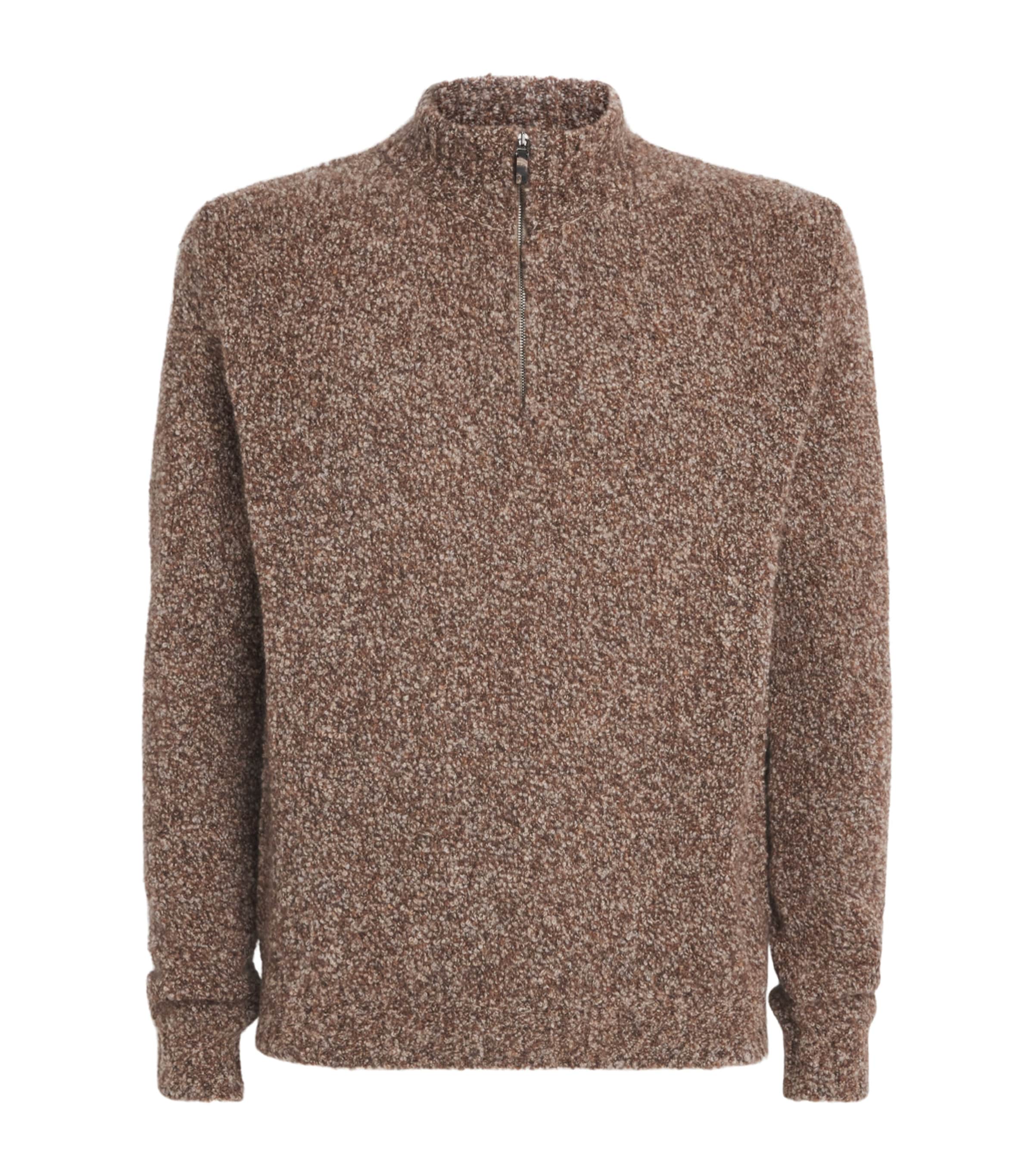Maurizio Baldassari Mens Cashmere-Silk Bouclé Quarter-Zip Sweater Brown Toffee