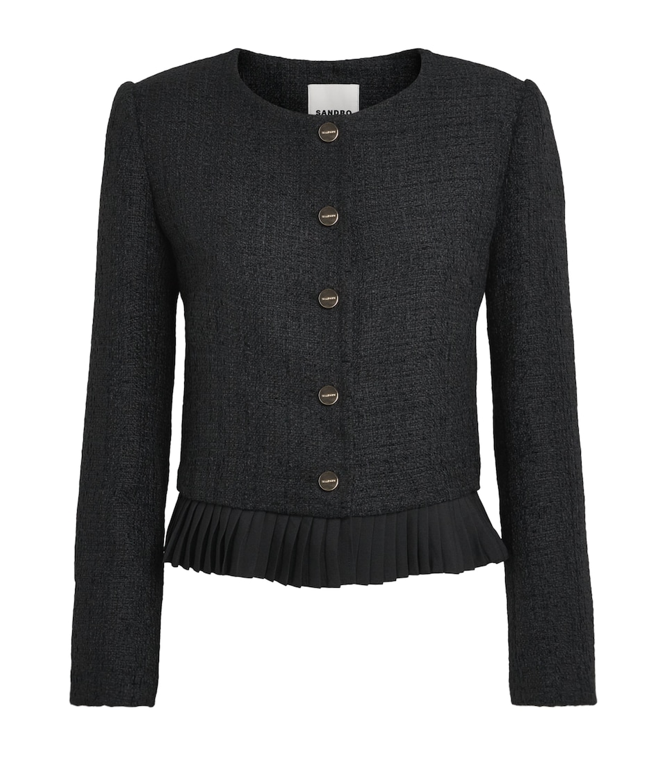 Sandro Paris Womens Tweed Ruffle-Trim Jacket Black