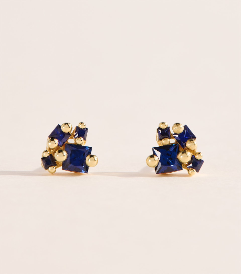 Suzanne Kalan Yellow Gold and Sapphire Princess Double Cluster Stud Earrings Yg/db