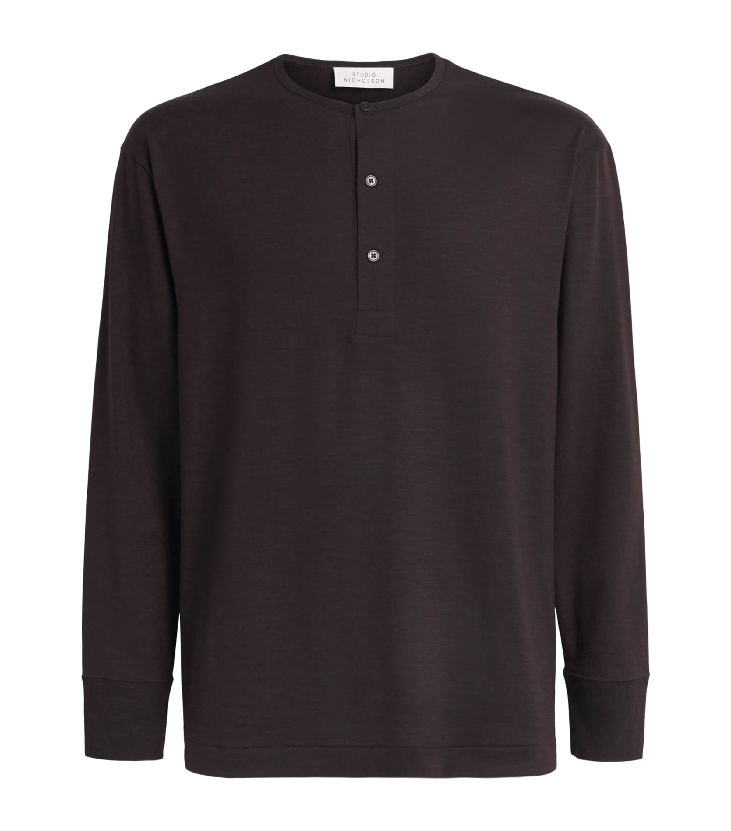 Studio Nicholson Mens Wool Henley T-Shirt Black Grape