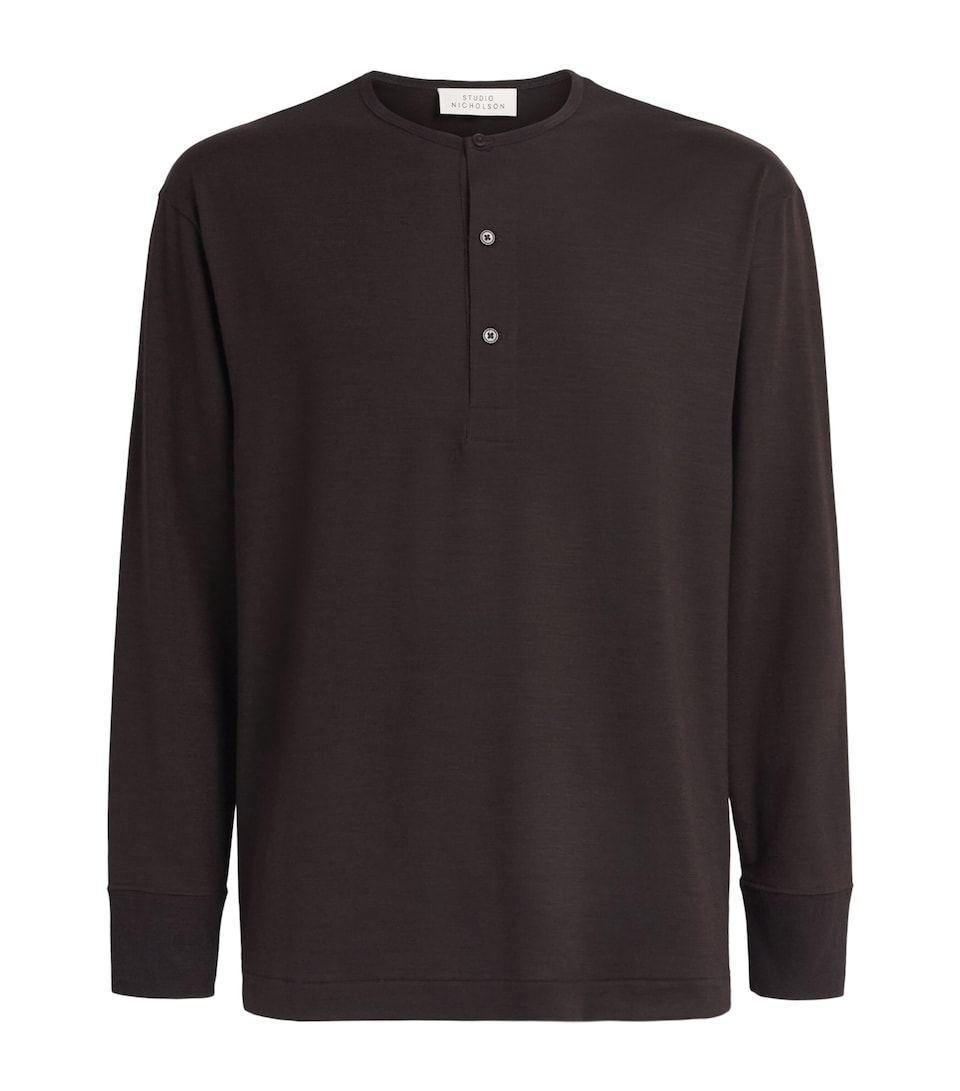 Studio Nicholson Mens Wool Henley T-Shirt Black Grape