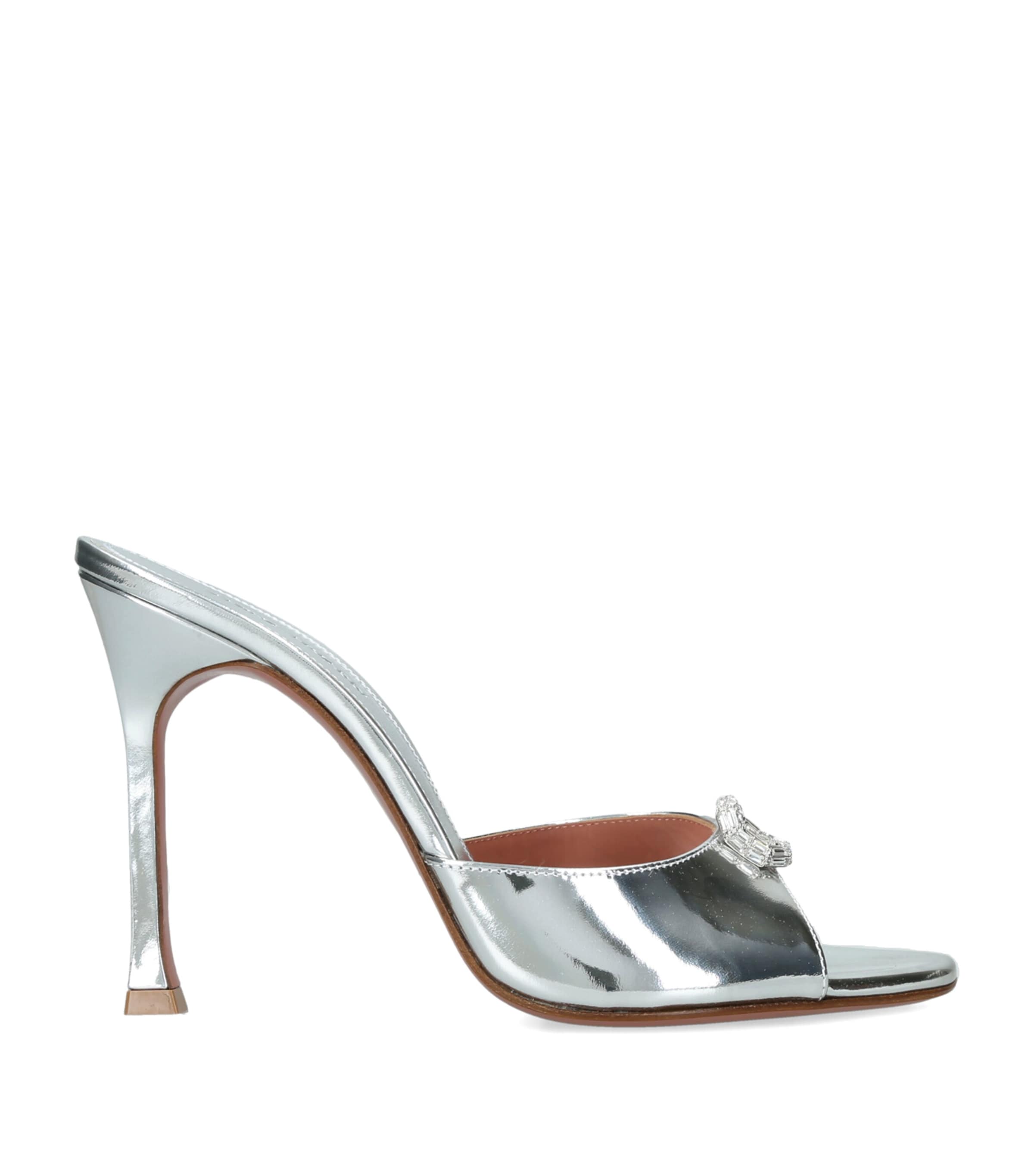 Amina Muaddi Metallic Leather Mini Camelia Mules 105 Silver Com