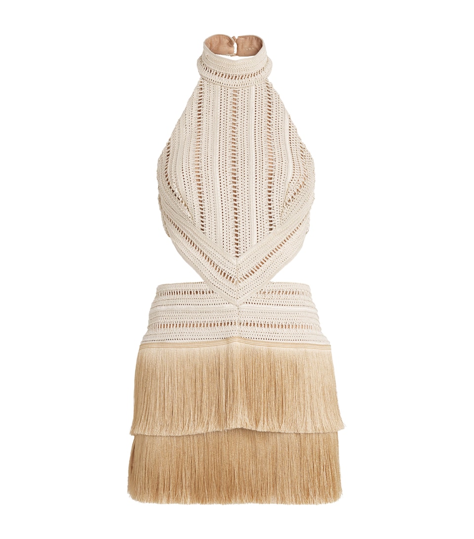 PatBO Womens Crochet Fringed Mini Dress Beige