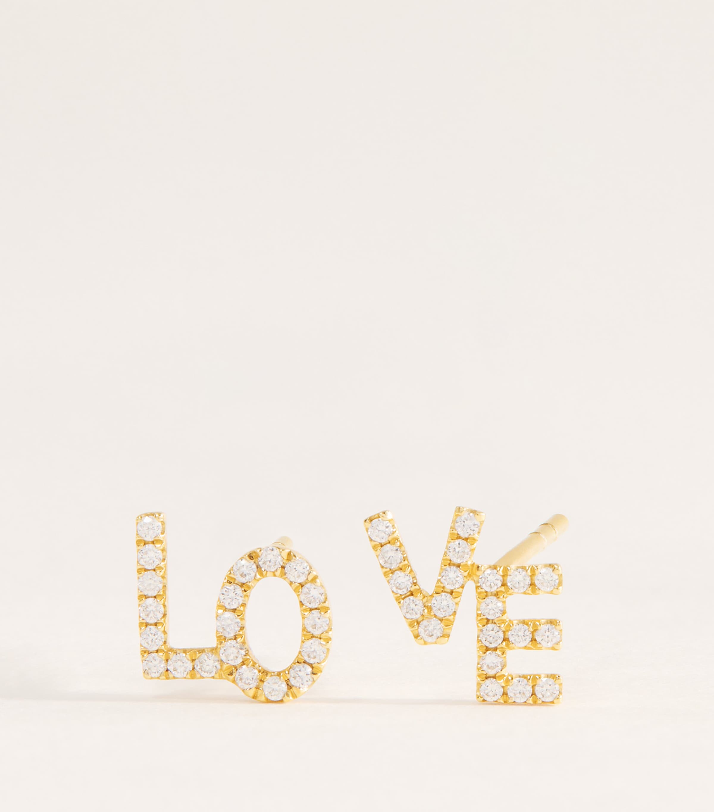 Rosa de la Cruz Yellow Gold and Diamond Love Text Stud Earrings Yellow Gold