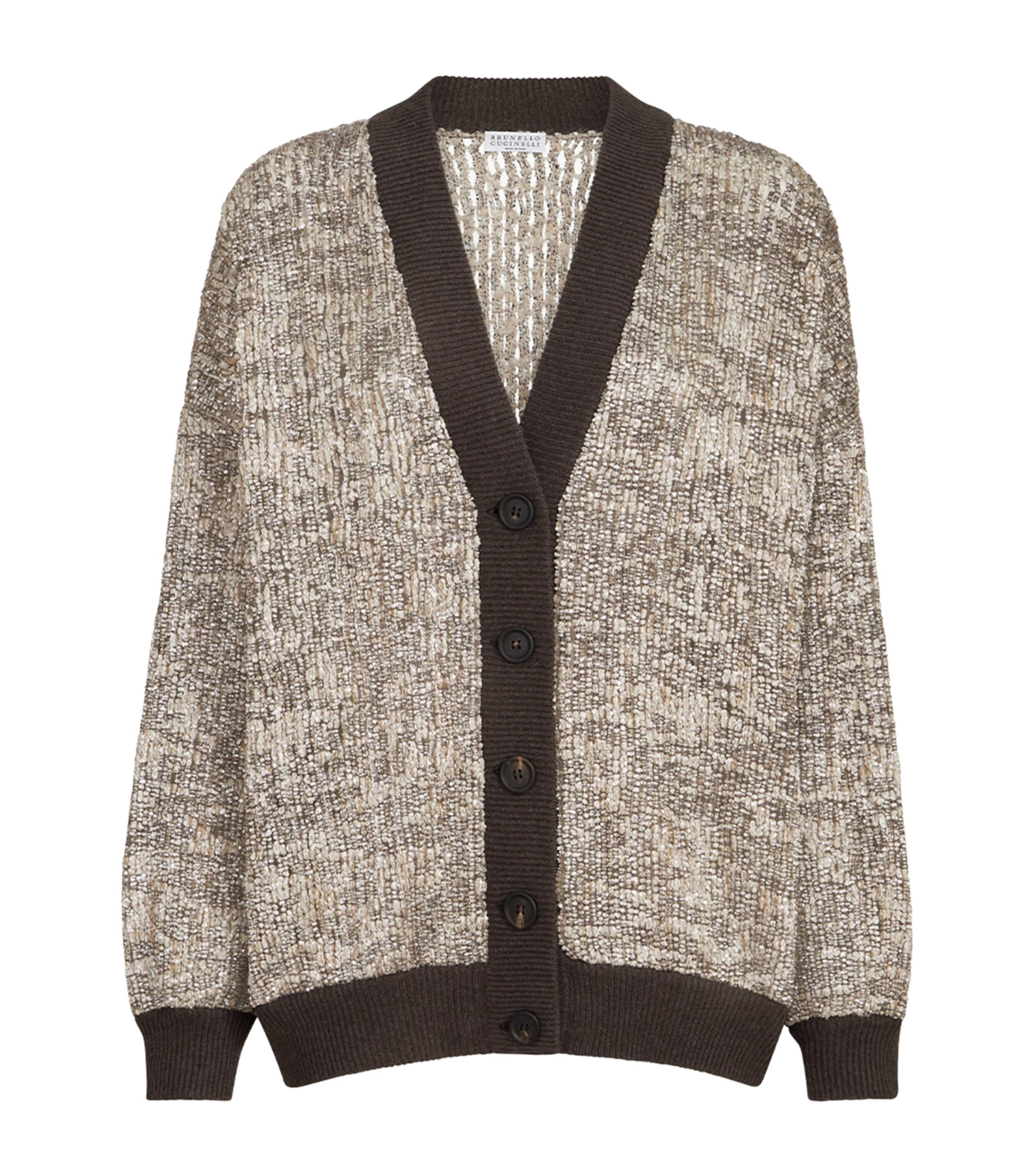 Brunello Cucinelli Womens Dazzling Craquelé V-Neck Cardigan Beige+brown