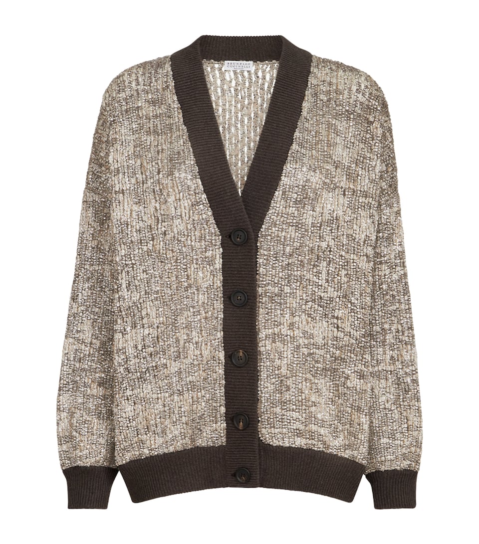 Brunello Cucinelli Womens Dazzling Craquelé V-Neck Cardigan Beige+brown