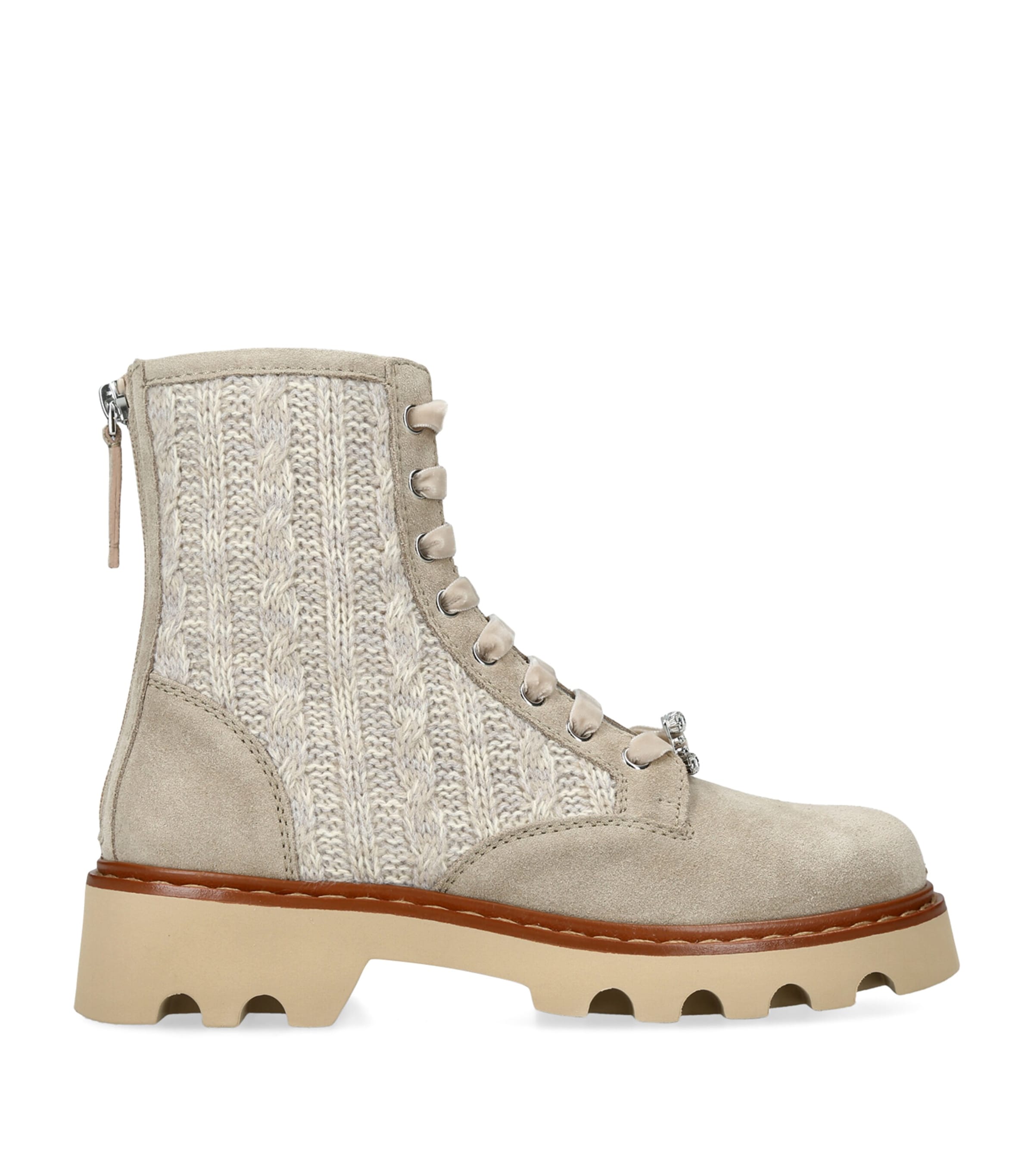 Roger Vivier Suede Knit Viv’ Rangers Truck Ankle Boots 20 Beige Comb