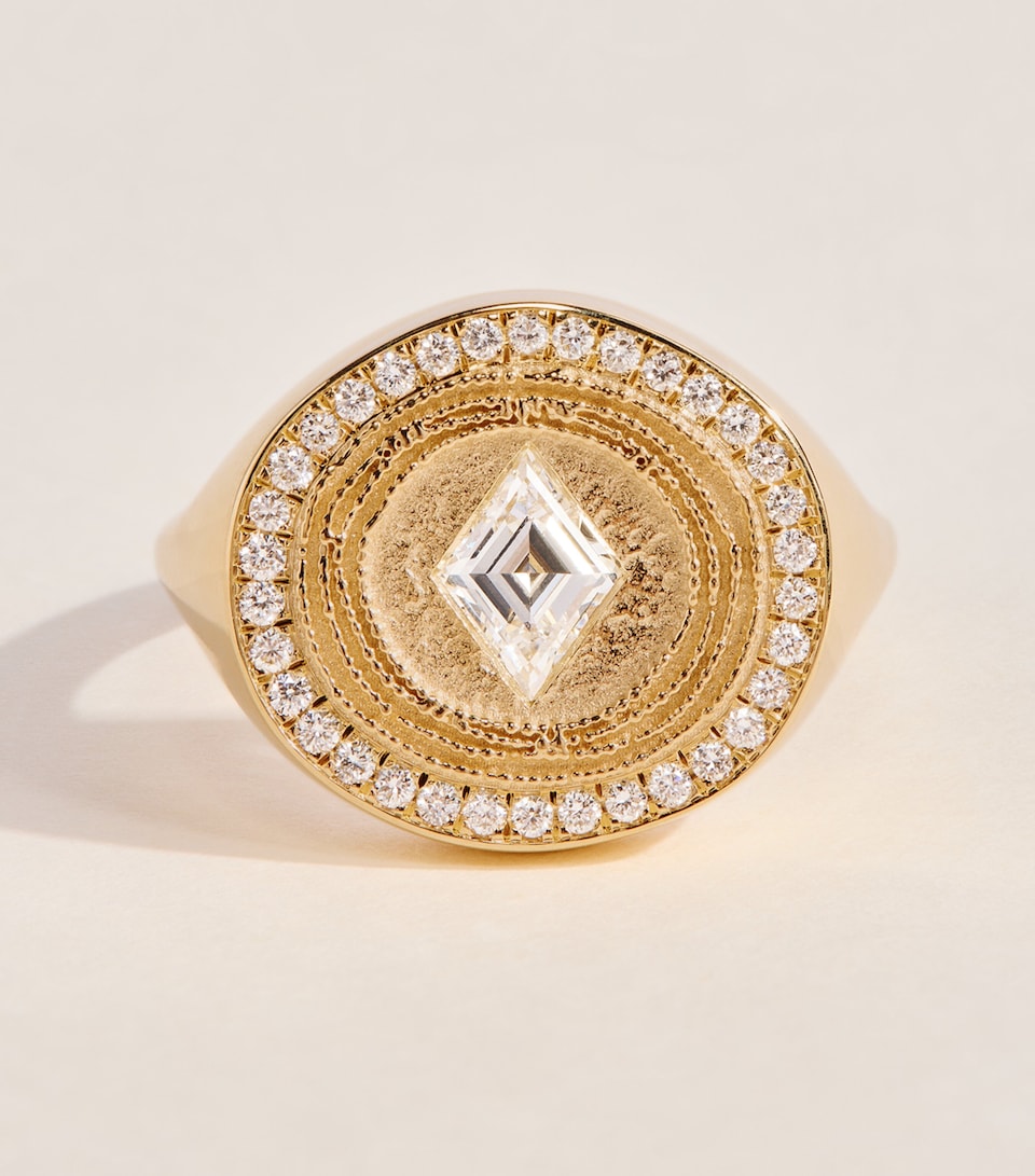 Azlee Yellow Gold and Diamond Lonzenge Signet Ring Yellow Gold