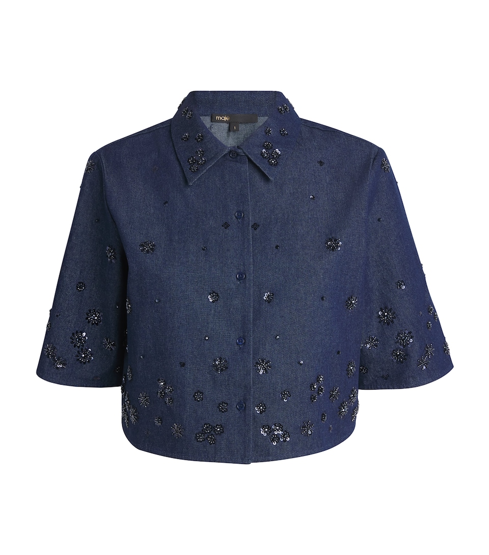 Maje Womens Denim Embellished Cropped Shirt Navy