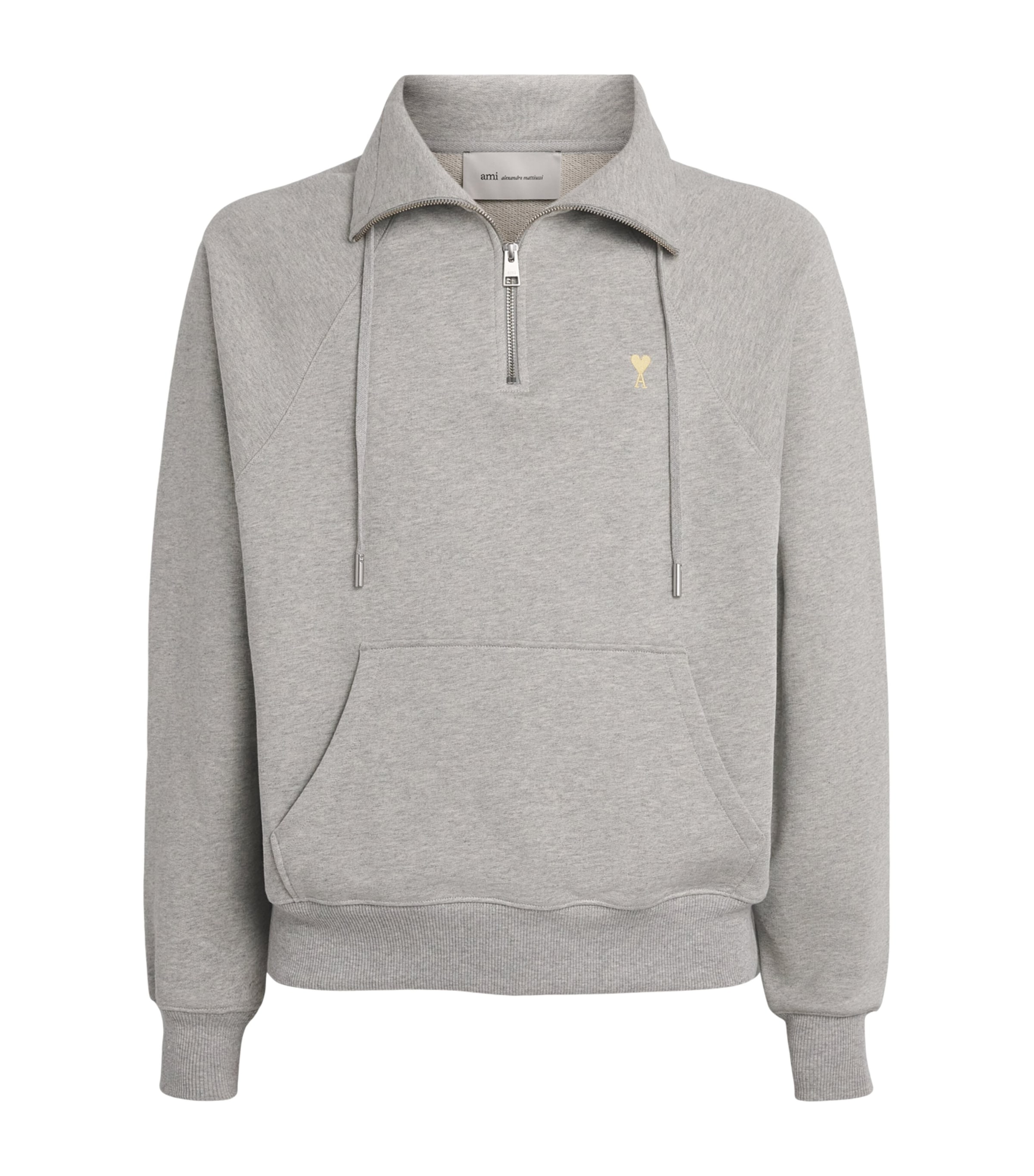 AMI Paris Mens Cotton Logo Quarter-Zip Sweatshirt Gris Chine Clair