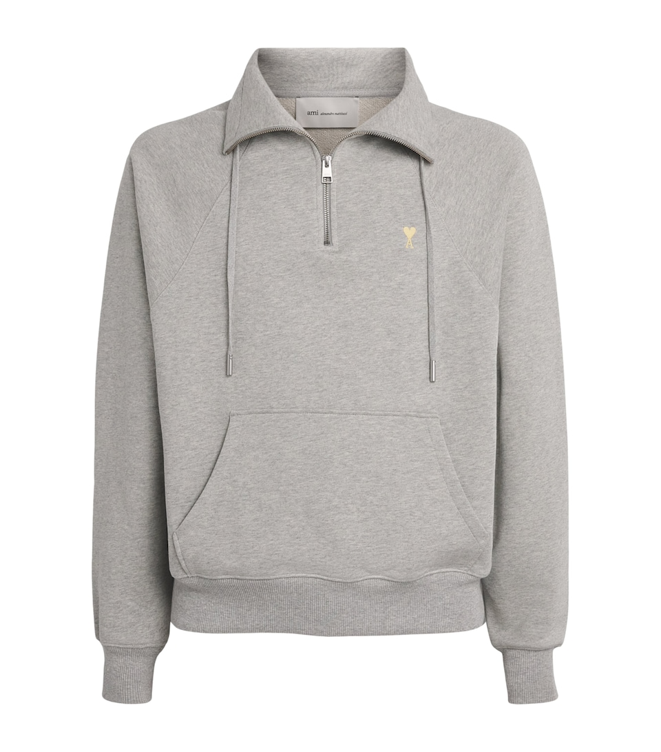 AMI Paris Mens Cotton Logo Quarter-Zip Sweatshirt Gris Chine Clair