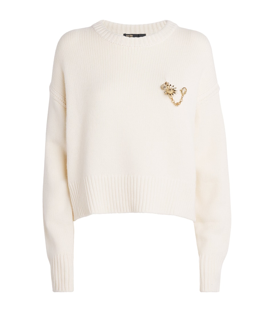 Maje Womens Wool-Cashmere Brooch Sweater Ecru
