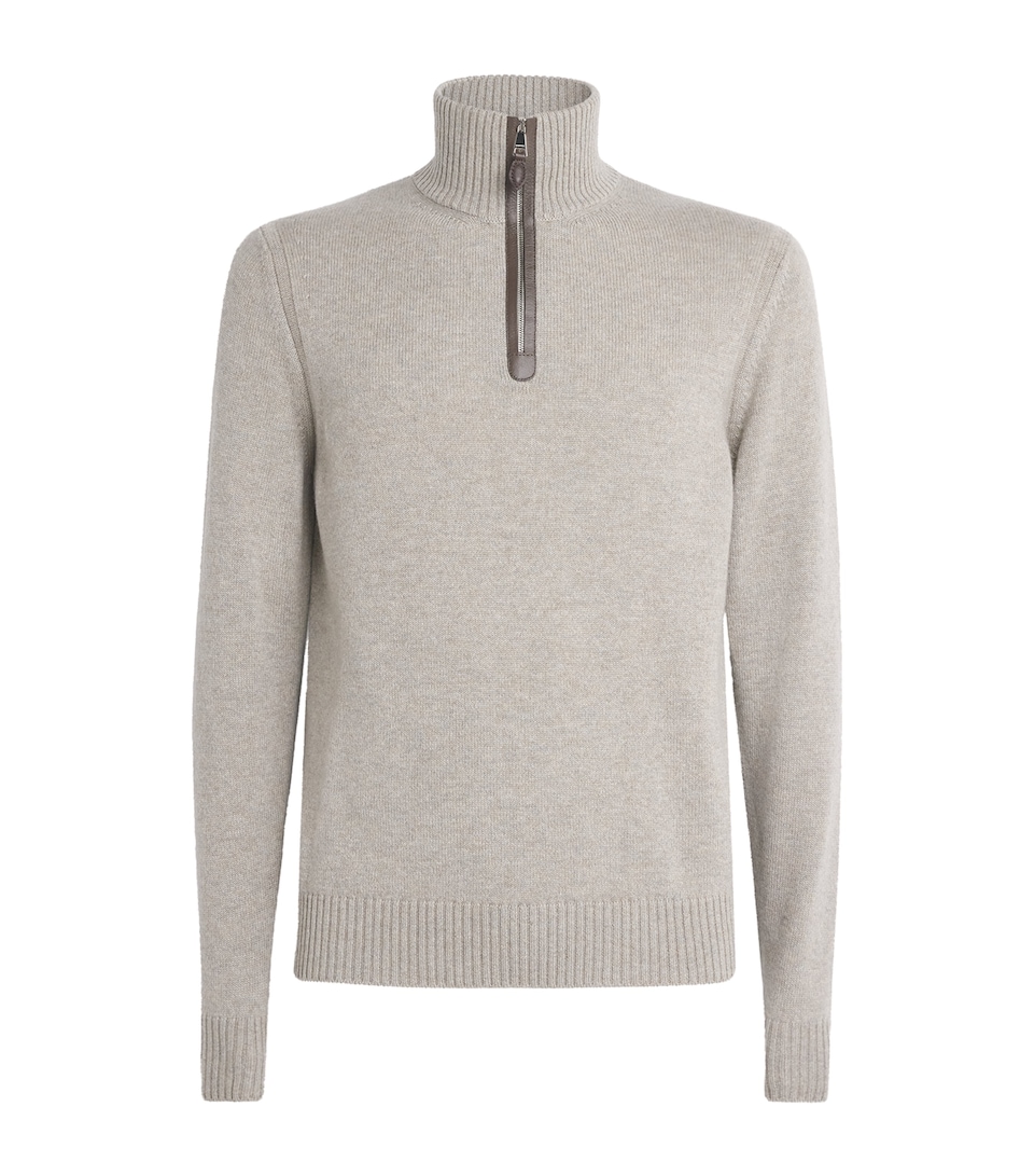 Purdey Mens Cashmere Leather Trim Quarter-Zip Sweater Pigeon