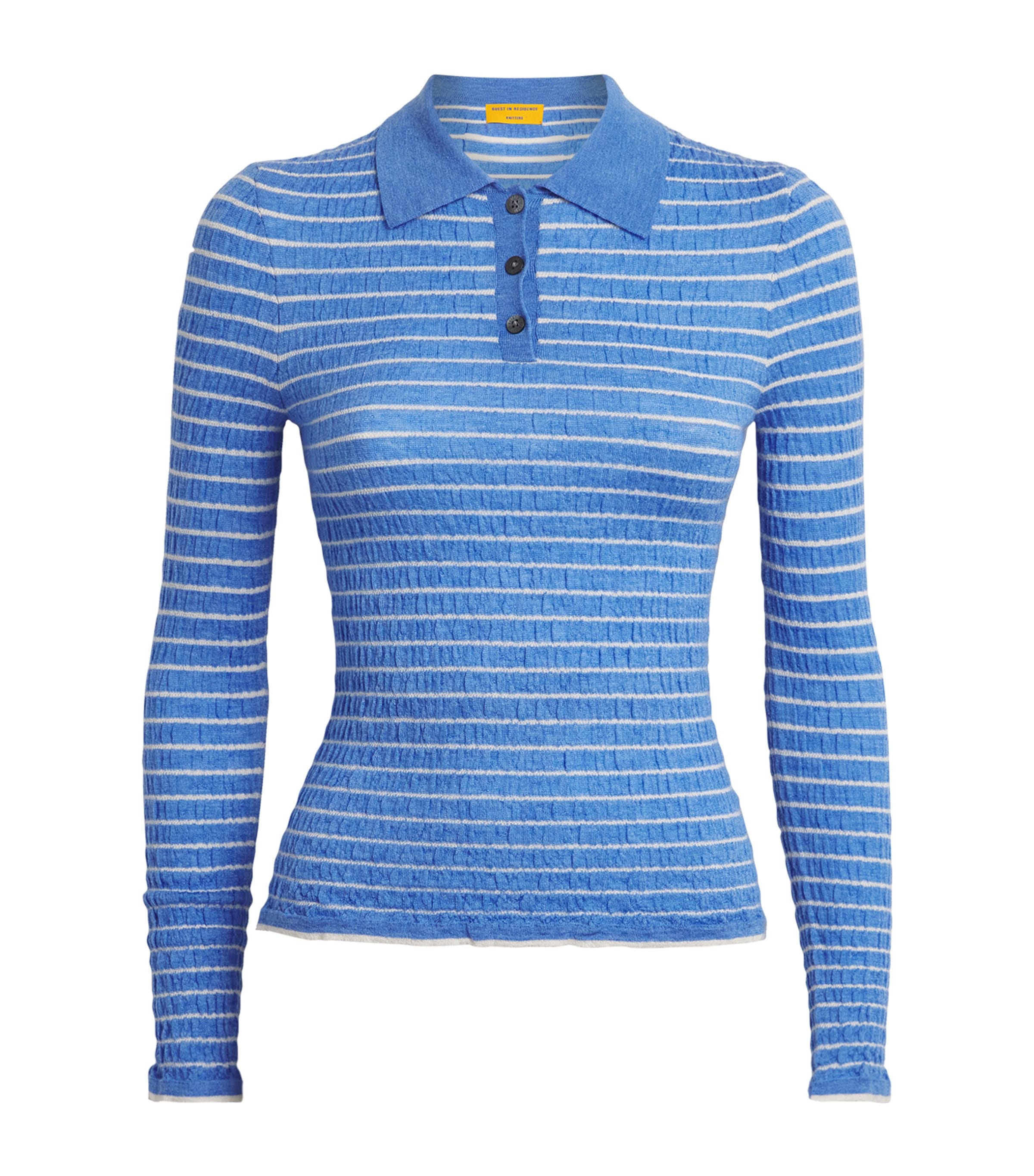 Guest In Residence Womens Cashmere Smocked Shrunken Polo Shirt Delft Blue/cream